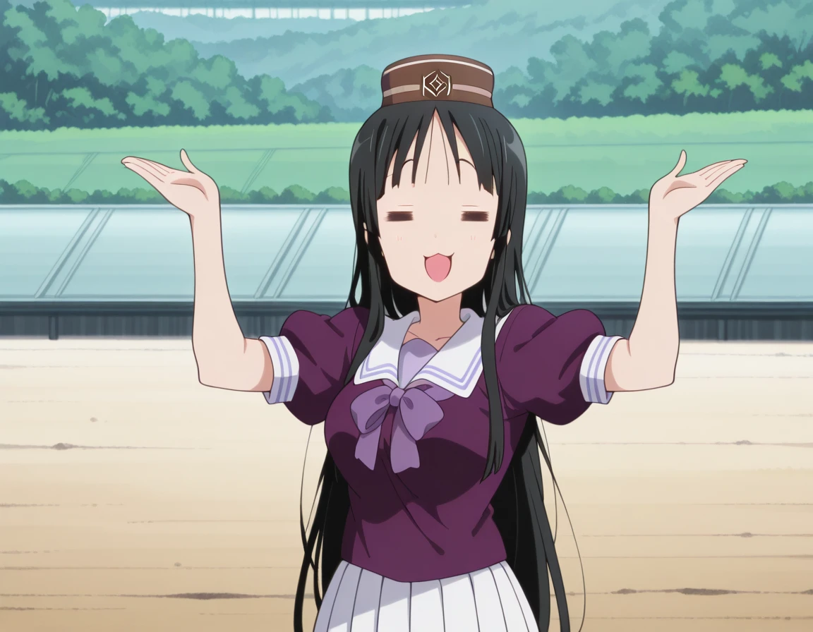 masterpiece, best quality, amazing quality,, <lora:mio-akiyama-s2-illustriousxl-lora-nochekaiser:1>, mio akiyama, akiyama mio, long hair, bangs, black hair, hime cut, mature female, medium breasts, anime screencap, <lora:gold-ship-radar-alert-illustriousxl-lora-nochekaiser:1>, gold ship radar alert, = =, solo, smile, open mouth, smug, looking at viewer, straight-on, shirt, skirt, hat, bow, closed eyes, short sleeves, outdoors, pleated skirt, puffy sleeves, bowtie, sailor collar, puffy short sleeves, white skirt, parody, purple bow, purple shirt, brown headwear, sailor shirt, purple bowtie, pillbox hat, hands up, , , ,