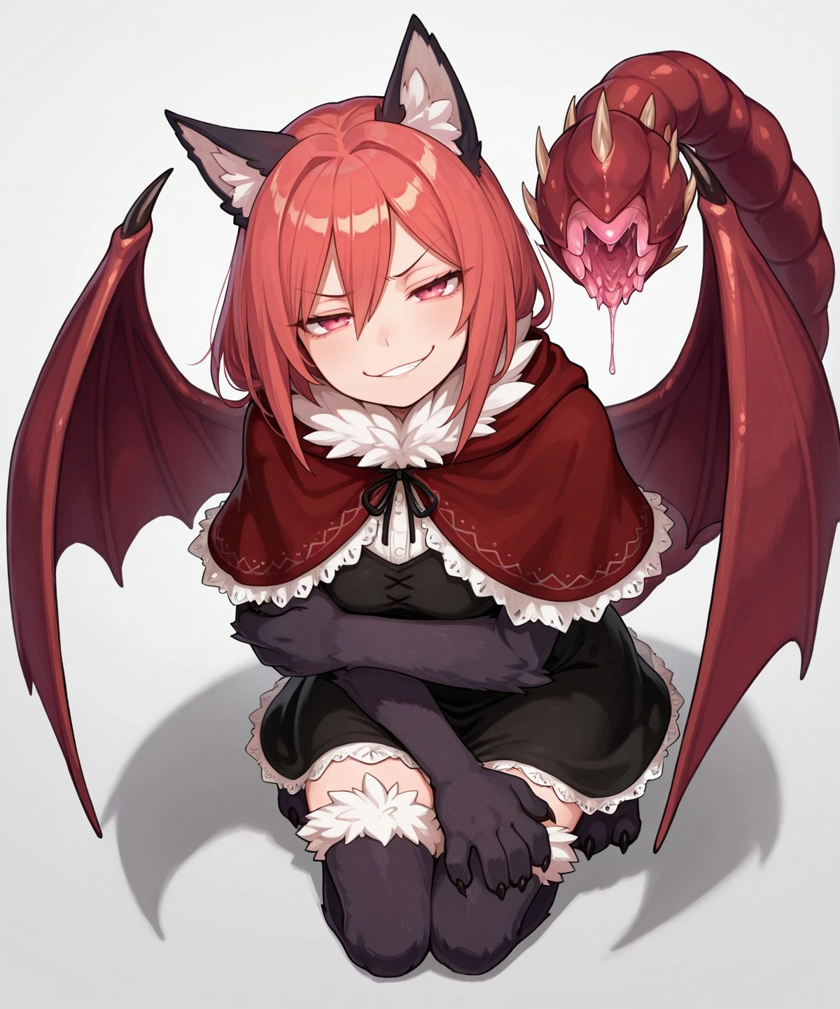 masterpiece, best quality, amazing quality, 1girl, perfect face, solo, manticore, red eyes, tail pussy, animal hands, forearm-fur_extended, animal feet, leg-fur_thighhigh, animal ears, red hair, red wings, segmented tail, red tail, black fur, white mane, pink eyes, smug, leathery wings, tail open, looking at viewer, from front, tail-liquid, hand on knee, arms crossed, kneeling, from above, dress, white background, capelet <lora:MC_V2_0_IL_R1:0.7>