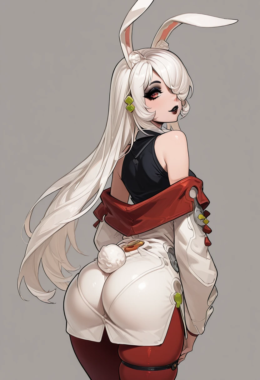 masterpiece, best quality, solo, curvy, beautiful eyes, narrow waist, wide hips, 1girl, solo, smile, looking at viewer, foreshortening, close up, zzKira, red eyes, hair over one eye, white hair, long hair, rabbit ears, bare shoulders, collared shirt, off shoulder, black shirt, sleeveless shirt, white jacket, pantyhose, ,<lora:KiraFateTrigger_IXL:1.0>, , solo, looking at viewer, simple background, ass, cowboy shot, looking back, from behind, hair over one eye, lips, skindentation, makeup, piercing, cross, lipstick, ear piercing, eyeshadow, shiny clothes, gothic, <lora:ElfFio_IXL_v2:0.8>,