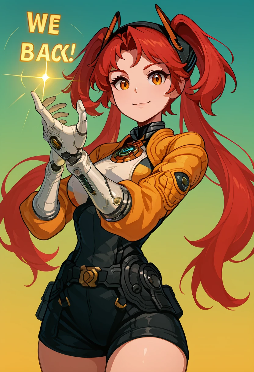 masterpiece, best quality, solo, curvy, beautiful eyes, narrow waist, wide hips, 1girl, solo, smile, looking at viewer, foreshortening, close up, zzEos, orange eyes, hair ornament, long hair, twintails, red hair, single mechanical arm, long sleeves, gloves, shorts, white gloves, headgear, ,<lora:EosFateTrigger_IXL:1.0>, , smile, looking at viewer, We4reSoB4ck, text, gradient background, ,<lora:We4reSoB4ck_IXL_v1:1.0>,