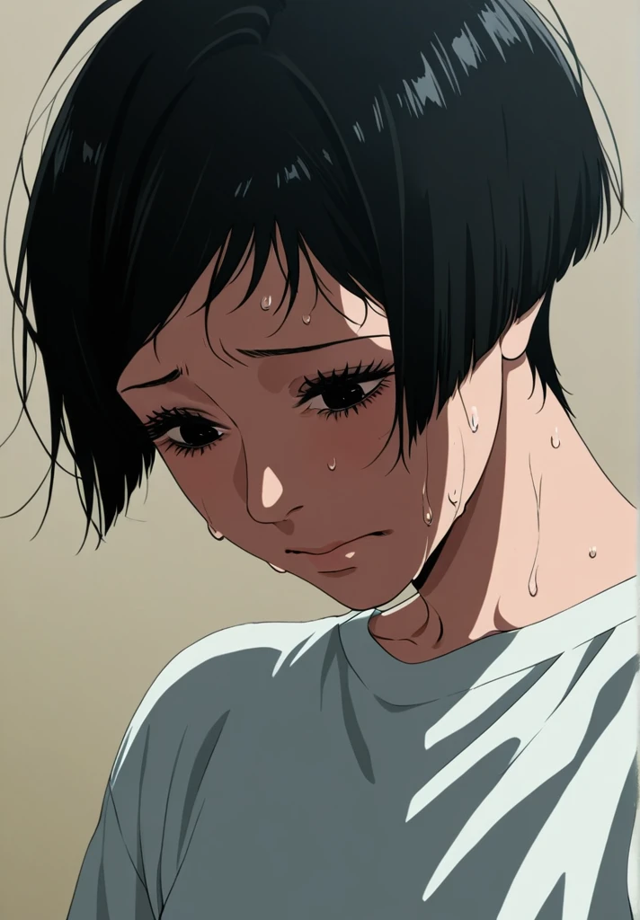score_9, score_8_up, score_7_up,
1girl, short hair, miwa, eyelashes, anime coloring, black hair, black eyes, realistic, shirt, sweating, facing down, felt guilty, nervous