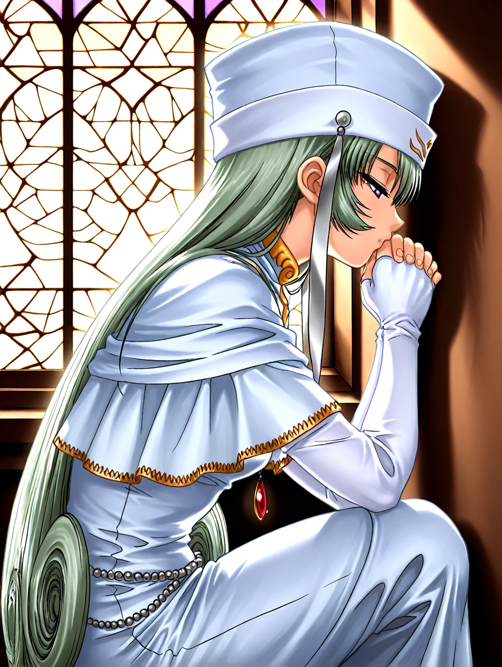 <lora:IL-D2SOPHIA:1>,d2sophia,1girl,solo,green hair,long hair,very long hair,white fingerless elbow gloves,hat,jewelry,dress,long sleeves,purple eyes,white dress,capelet,necklace,red gem,
praying,holy,cathedral,on one knee,stained glass,window light,twilight,charter shadow,
face on window,holding iron cross,half-closed eyes,
1990s \(style\),from side,medium_shot,