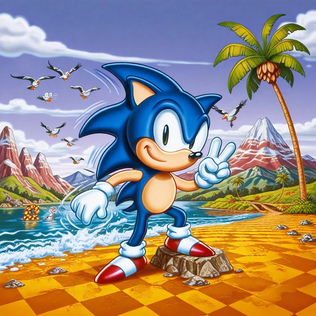 satohikanostyle,, furry, solo, 1boy, furry male, sonic, sonic the hedgehog, blue fur, white gloves, red shoes, smile, closed mouth, action pose, v, palm tree, beach, checkerboard, mountain, landscape, lake, clouds, looking at viewer, loop, birds