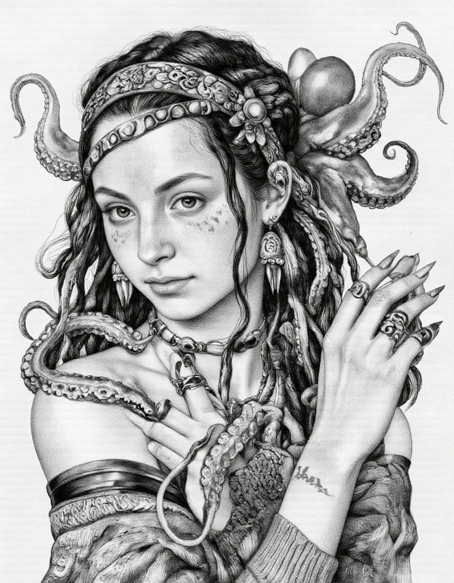 VanZoura style. A black and white pencil sketch of a young woman with dreadlocks and elaborate jewelry, captured from a portrait camera angle. the subject, a 1girl, is positioned in the middle of the image, looking directly at the viewer with a contemplative expression. she appears to be a young adult, with pale skin and freckles on her face, and her eyes are focused intently on something in the distance. her curly hair is adorned with intricate patterns and twists, and she is wearing a headband with a decorative design, along with several earrings and a necklace. her hands are adorned with claw-like appendages, which are delicately extended upwards, extending from her left hand to her right. her fingernails are painted with sharp, pointed tips, giving her a unique and edgy look. she has a serene expression, with a slight smile on her lips and a small nose piercing. the background is a plain white, allowing the focus to remain on the subject's delicate features and intricate details.
1girl, solo, long hair, looking at viewer, smile, closed mouth, jewelry, bare shoulders, upper body, hair ornament, earrings, black hair, white background, nails, curly hair, pointy ears, colored skin, colored sclera, tattoo, octopus, fingernail, squid tentacles, squid claw, squid girl
camera_angle: portrait, art_style: pencil drawing, sketch, location: unknown, background: NA, image_composition: middle, clothing: knitted fabric, hair accessory, hair_color: dark hair, distance_to_camera: close up, facial_expression: contemplative, action: pointing upwards, accessory: earring, rings, tattoo on arm, nail polish, and a piece of fruit, eyebrow piercing, earring on hand, pencil sketch, eyebrow tattoo, and octopus tentacles, eyes_direction: looking to the side, pants: NA