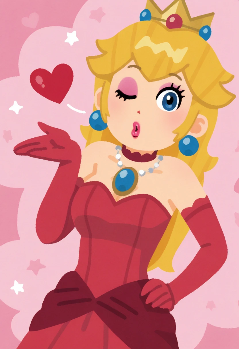 <lora:MCNsVirasutoya:1> MCNsV1r4sut0y4,1girl, princess peach, gloves, dress, , blonde hair, crown, blue eyes, elbow gloves, jewelry, heart, one eye closed, earrings, blowing kiss, sphere earrings, , long hair, solo, hand on own hip, looking at viewer, red dress, makeup,  shoulders, strapless, red gloves, lipstick, standing, blush, (dutch angle:1.2), necklace