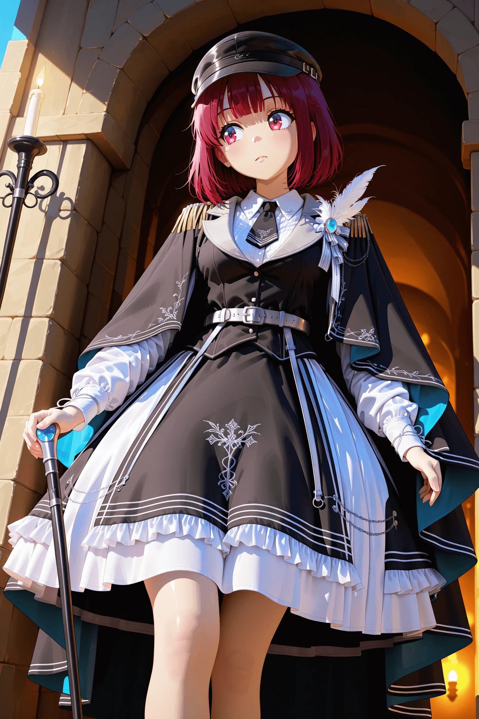 1girl, walking through stone corridor, candle light, soft shadows, neutral expression, looking to the side, holding cane, cape trailing, low angle view, solo
<lora:darkknightV1Dim32alpha8_illustrious:1>,darkknight_dress,white skirt,,black dress, frilled dress,long sleeves,white shirt,silver buckle ,black cloak,,black ascot ,,epaulettes ,feather ornament, chain, silver embroidery,striped ribbon, white collar,leather military hat,cane,holding cane,, masterpiece, best quality, amazing quality, newest,detailed face, beautiful eye