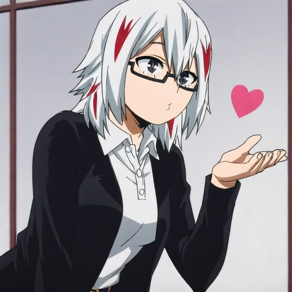 fuyumi todoroki \(mha\), white hair, medium hair, red streaks in hair, grey eyes, eyeglasses, jacket, open clothes, white undershirt, belt, pants, heels, large breasts, 1girl, solo, leaning forward, blowing kiss, heart, anime screencap, simple background, masterpiece