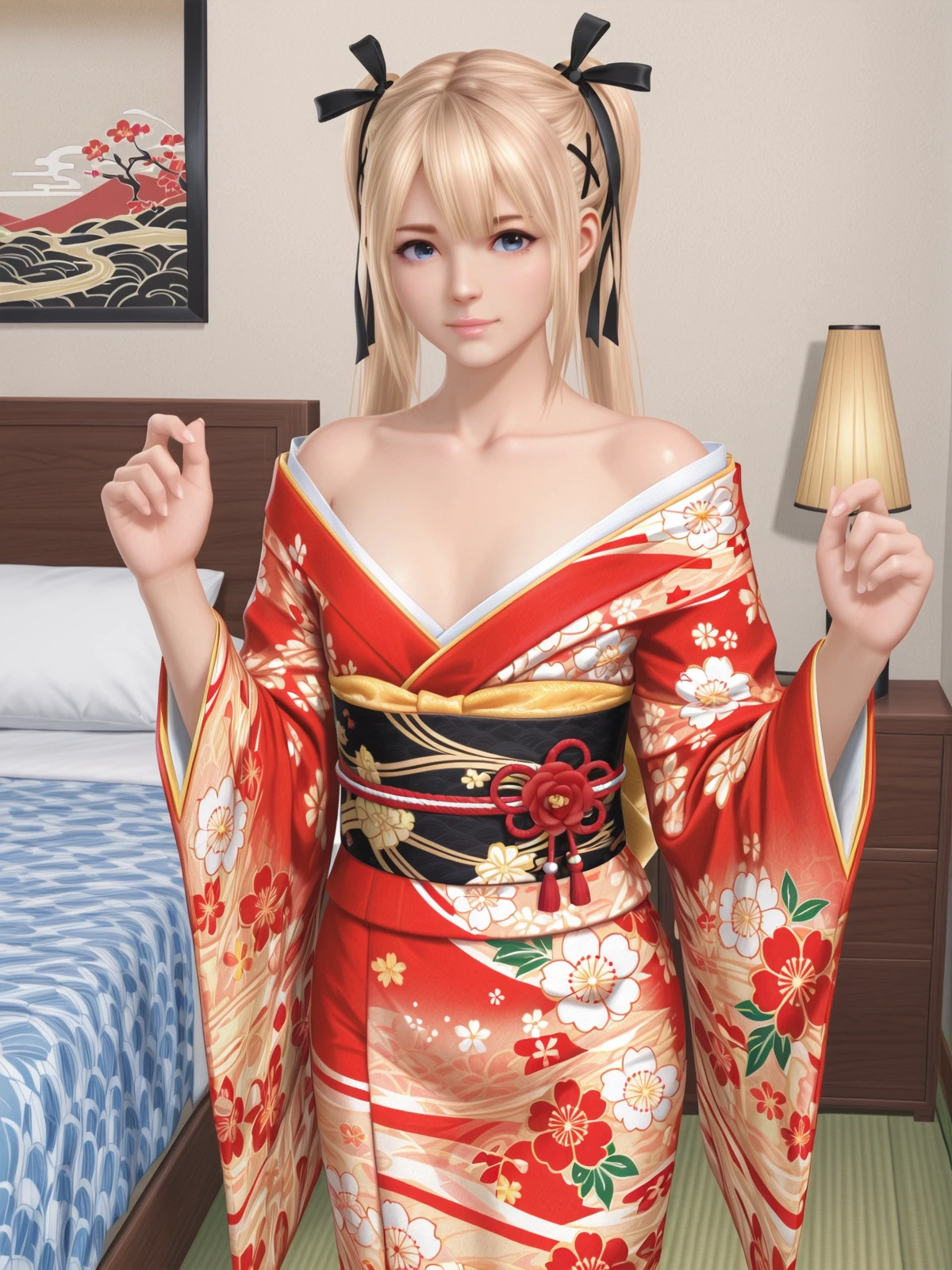 marie rose \(doax vv\),blonde hair,blue eyes,cowboy shot,kimono,bedroom,