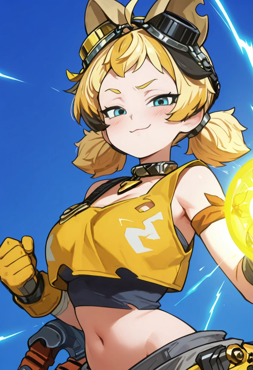 masterpiece, best quality, solo, curvy, beautiful eyes, narrow waist, wide hips, 1girl, solo, smile, looking at viewer, foreshortening, close up, zzMindy, blue eyes, blonde hair, ahoge, short hair, low twintails, short twintails, large breasts, crop top, spikes, goggles on head, yellow shirt, bandaged arm, black collar, gloves, navel, sleeveless, <lora:MindyFateTrigger_IXL:1.0>, ,vivid aura, looking at viewer, blue background, smug, aura, super saiyan, charging energy, energy ball, energy, lightning, <lora:DBSBroly_Style_IXL_v2:0.6>,