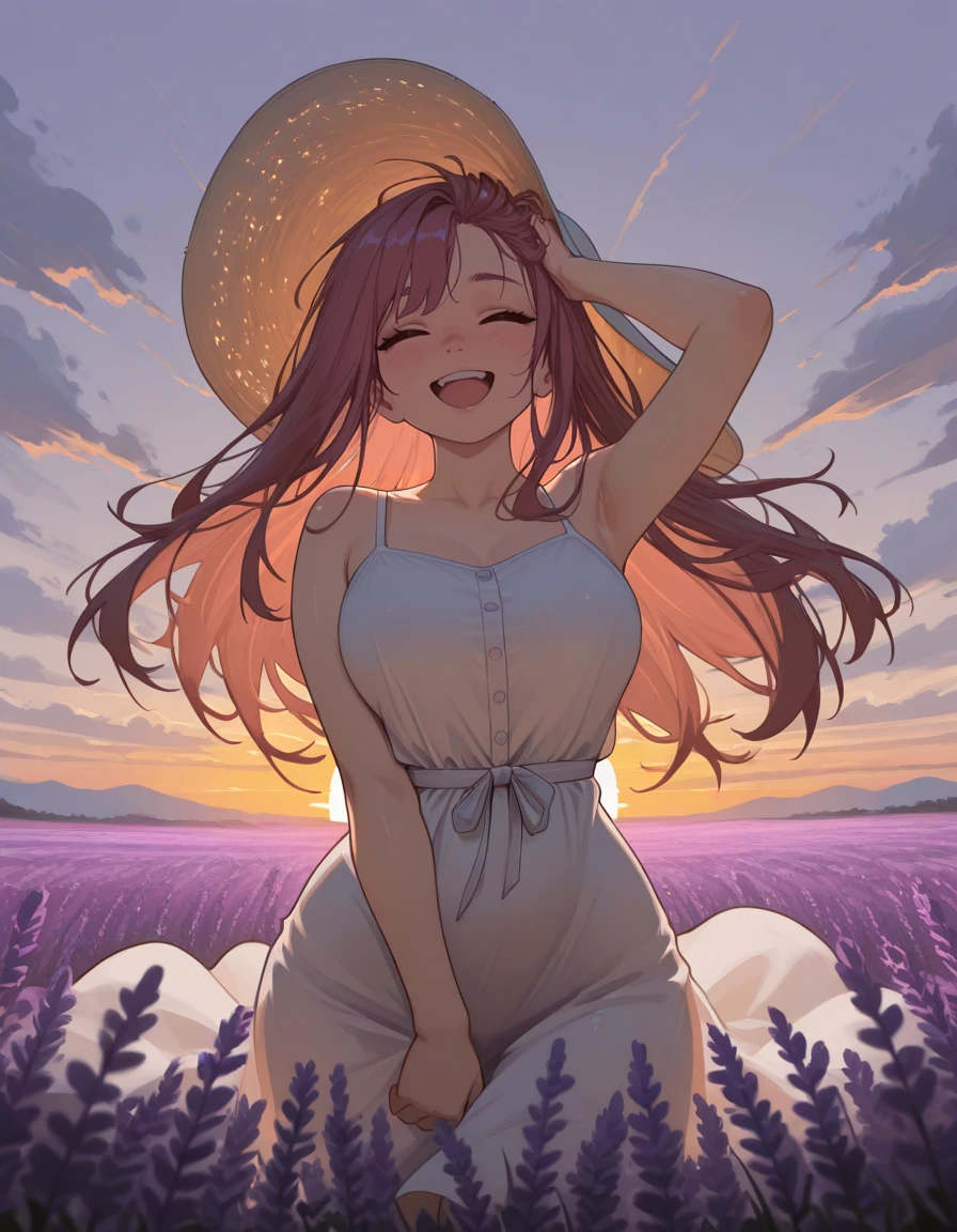 masterpiece, best quality, amazing quality, very aesthetic, absurdres, newest,
lavender field, sun, sunrise, outdoors, 1girl, sundress, hat, windswept hair, happy, hand on own head, windy, backlighting, backlight, long hair, curvy, <lora:Sinozick_Style-IL:1> pksinozick