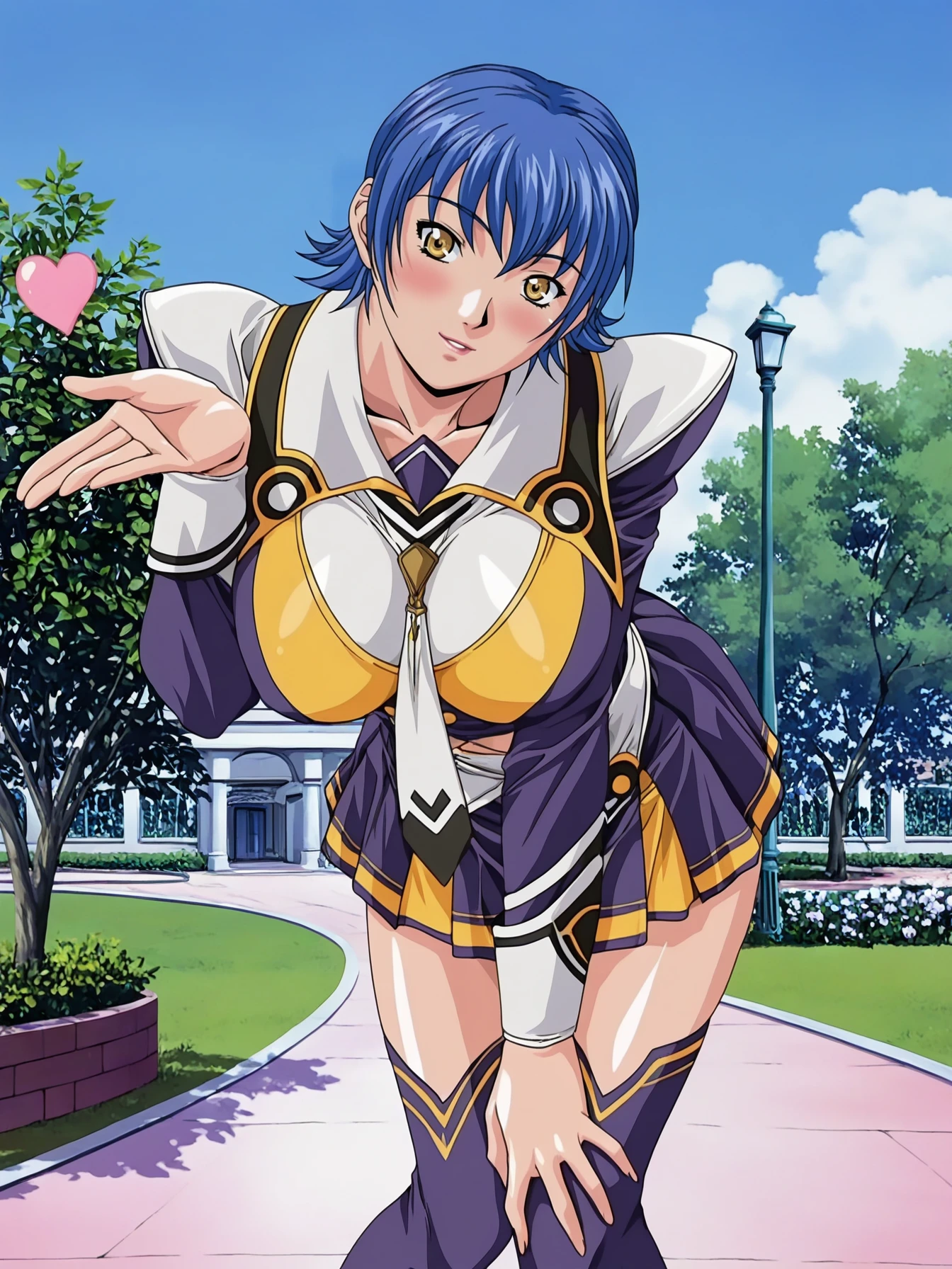 masterpiece, best quality, highres, absurdres, very awa, shiny skin, game cg, (anime screenshot:0.8),
miyagishi yuuki, 1girl, feet out of frame, solo, hand up, blowing kiss, hand on own knee, leaning forward, head tilt,
looking at viewer, blush, parted lips, smile, heart,
blue hair, short hair, yellow eyes,
purple school uniform, two-tone jacket, necktie, pleated skirt, purple thighhighs, yellow trim,
large breasts, thighs, curvy,
outdoors, blue sky, day, sidelighting, shadow, tree, garden, building,
<lora:miyagishi yuuki NoobAIXL V-pred:1>