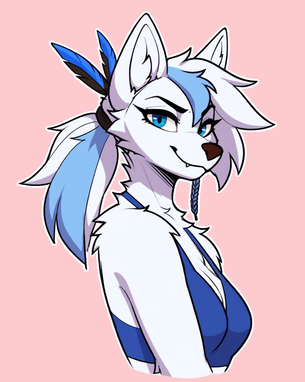 score_9_up, score_8_up, score_7_up, score_6_up, by remanedur, half-length portrait, furry, female, wolf, white hair, blue highlights, multicolored hair, medium breasts, blue eyes, blue bikini, ponytail, white body,  looking at viewer, happy, head tilt, solo, three-quarter view, simple background, white outline, <lora:Leah_Pines(AIM)_XL_v1:0.15> <lora:PDXL_artist_tags_v2_big:0.5> <lora:The-Minuscule-Task_PDXL_v1.0:0.6>  <lora:Cyana_np_eazy:0.7>