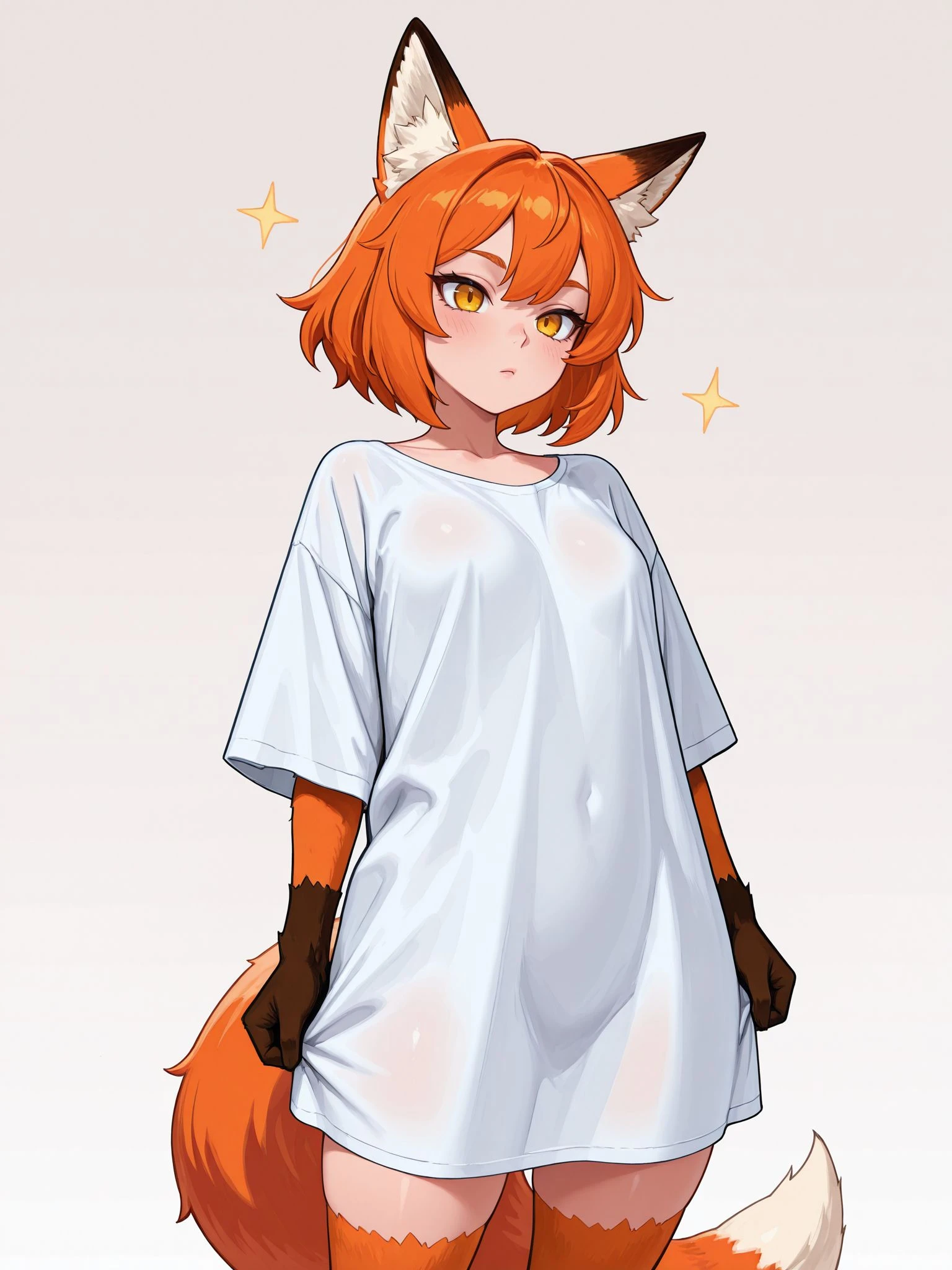 best quality, masterpiece, sharp resolution, high definition, ultra detailed, 8k, 1girl, solo, unc_roxsi, orange hair, orange fur, animal ears, fox tail, (furry forearms, furry calves:0.5), shirt dress, oversized shirt, (bare thighs:1.3), bare chest, <lora:Roxsi_OC:0.8>