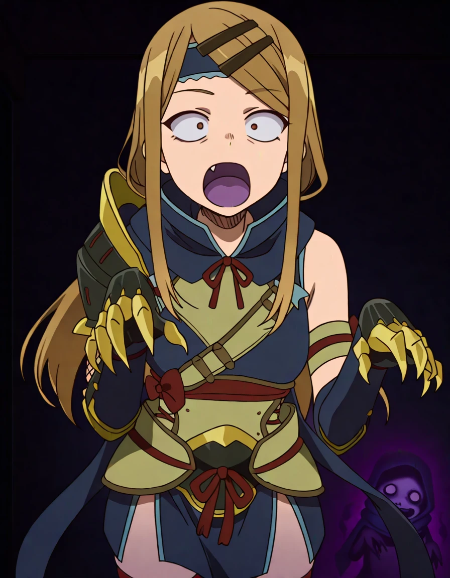 masterpiece, best quality, amazing quality,, <lora:saya-endou-s2-illustriousxl-lora-nochekaiser:1>, saya endou, long hair, blonde hair, hair ornament, brown eyes, hairclip, fang, wide-eyed, constricted pupils, sanpaku, mature female, small breasts, anime screencap, <lora:kamura-armor-illustriousxl-lora-nochekaiser:1>, kamura armor, armor, blue scarf, clawed gauntlets, gauntlets, hair ornament, hair ribbon, headband, kamura (armor), red ribbon, red thighhighs, ribbon, scarf, shoulder armor, thighhighs,, <lora:ghost-pose-illustriousxl-lora-nochekaiser:1>, ghost pose, ghost, purple tongue, open mouth, tongue, hands up, indoors, night, night sky, dark, horror (theme), cloud, dark cloud, dim lighting, dark room, backlighting, cowboy shot, ,