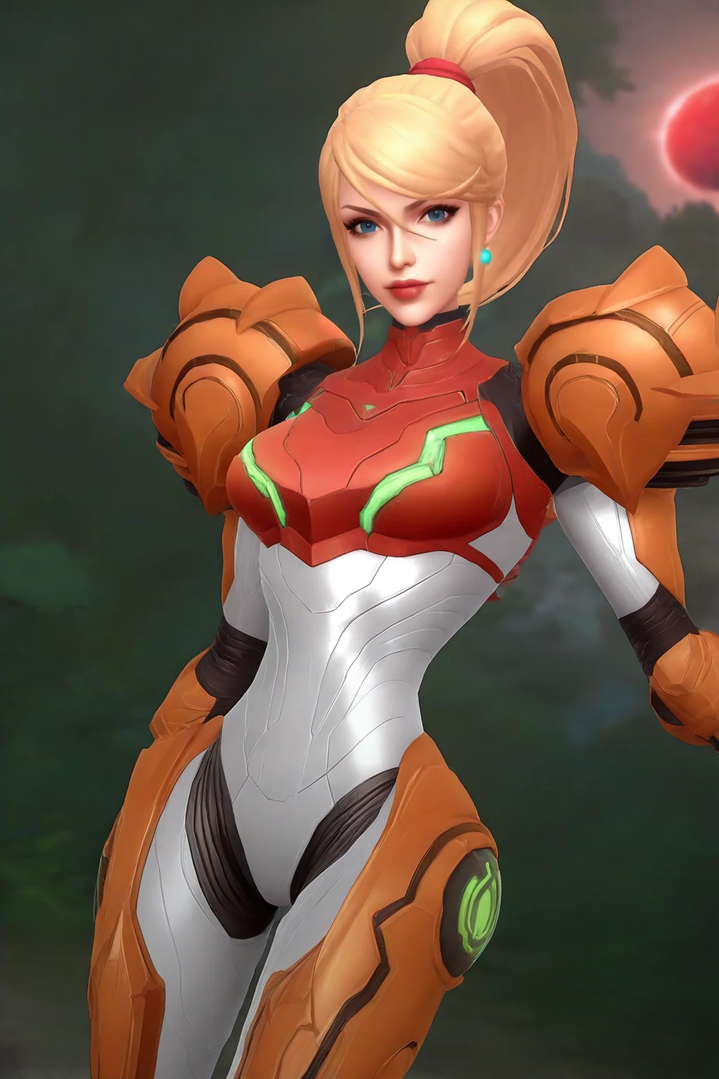 masterpiece, good quality, best quality, very awa, very as2, absurdres, highres,
<lora:Wild Rift StyleIlluLYCO:1.2>1girl, solo, breasts, looking at viewer, 3d, earrings,
<lora:Samus AranIlluLorav2:1> smus, long hair, ponytail, blonde hair, hair scrunchie, swept bangs, power suit (metroid), alien planet, forest, science fiction, red sun, dutch angle,