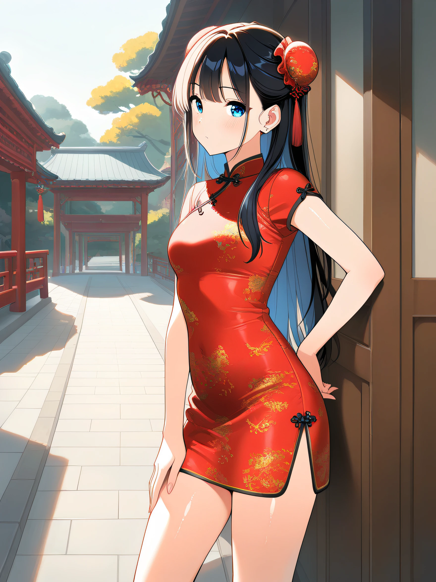 masterpiece,amazing quality,best quality,newest,absurdres,highres,32K,CG,illustration,real skin,shiny hair,safe,detailed,<lora:china dress_noobai_V1.0:0.6>jyojifuku,china dress,skirt