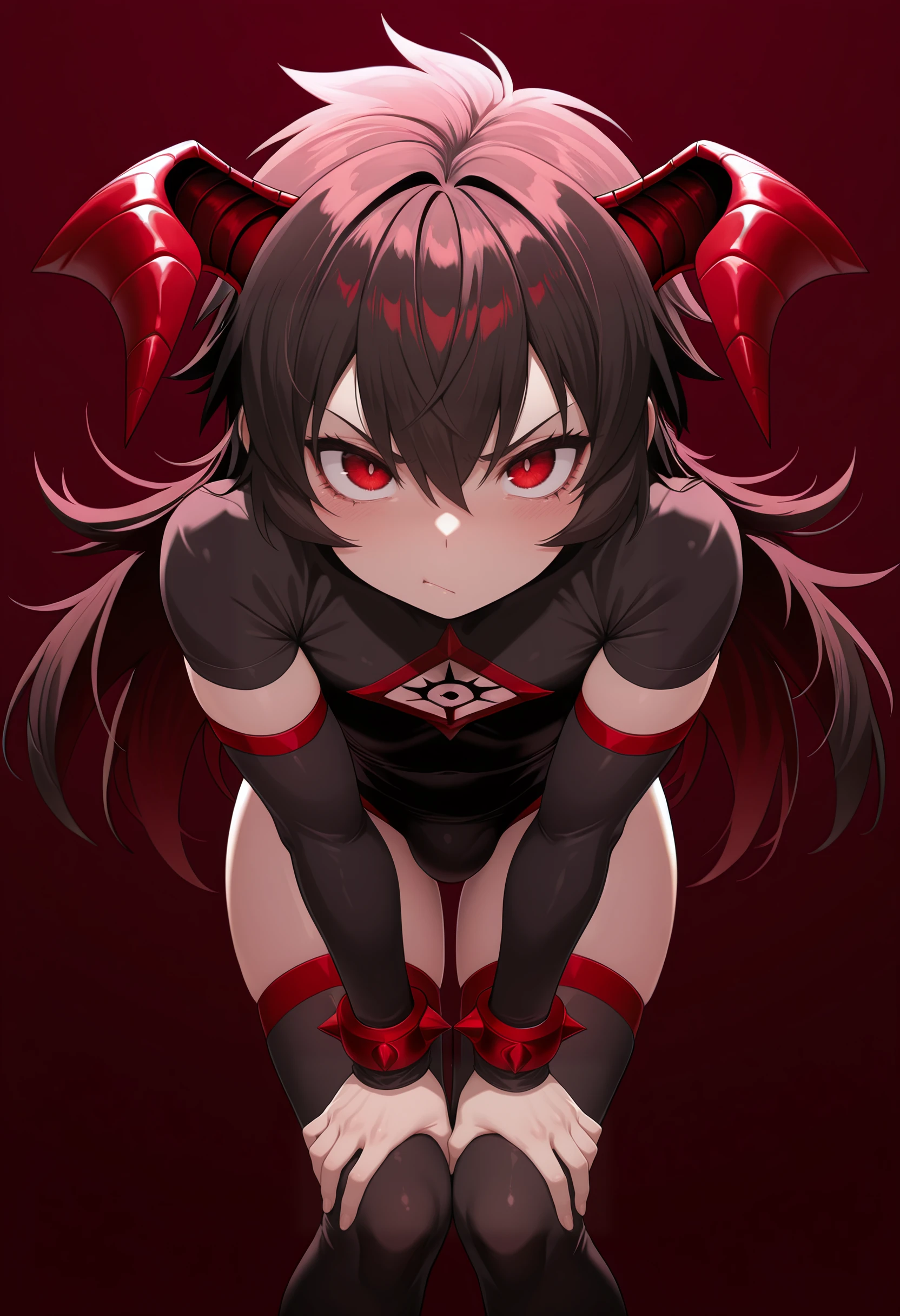 masterpiece, best quality, amazing quality, very aesthetic, high resolution, ultra-detailed, absurdres, 1boy, demonKingIn, male focus, demon horns, solo, thighhighs, looking at viewer, long hair, simple background, elbow sleeves, <lora:DemonKingIn-10:0.94>, Leaning forward, hands braced on knees