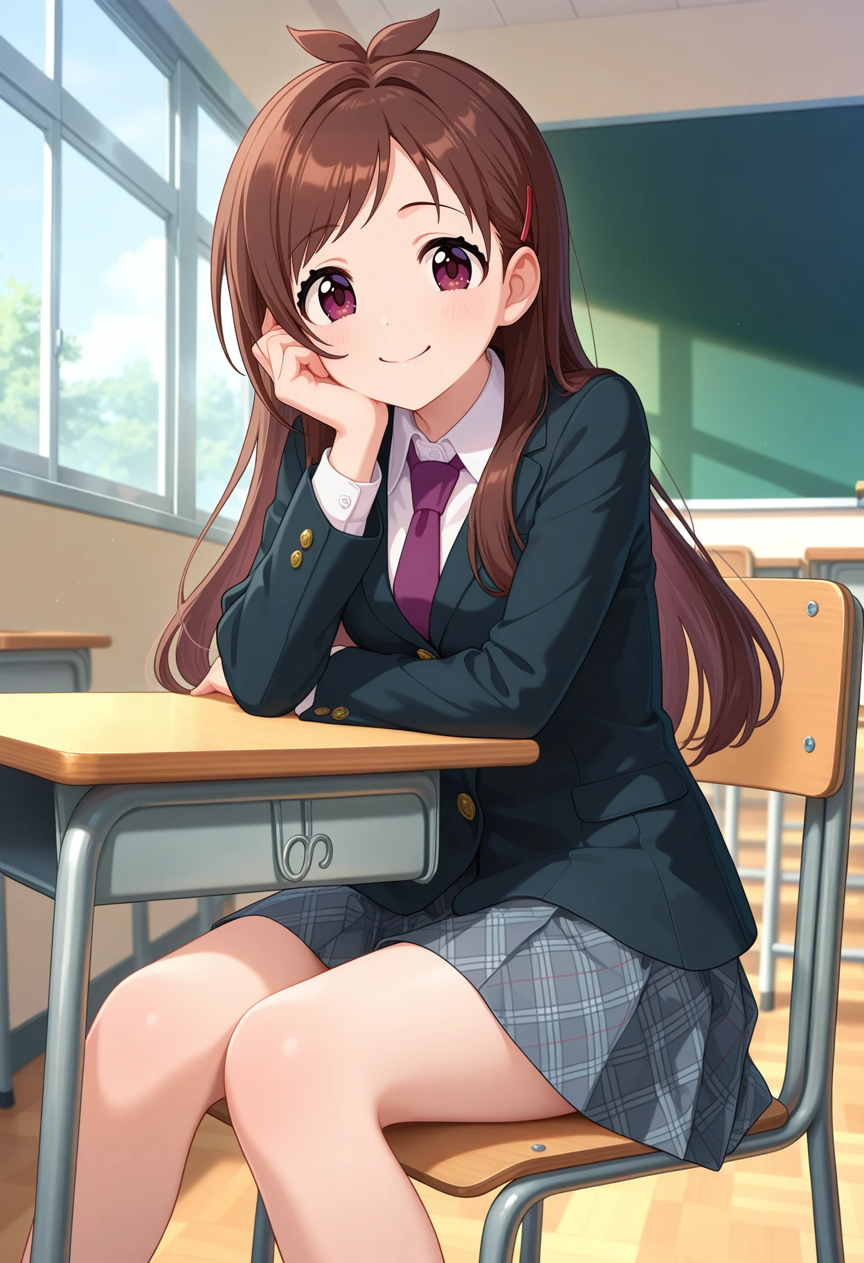 best quality, masterpiece, 1girl, aaakari, long hair, brown hair, antenna hair, hair ornament, purple necktie, collared shirt, white shirt, blazer, black jacket, long sleeves, plaid skirt, grey skirt, <lora:tsujino_akari_ilxl_v1:0.9>, arm rest, hand on own cheek, sitting, desk, smile, classroom, on chair,