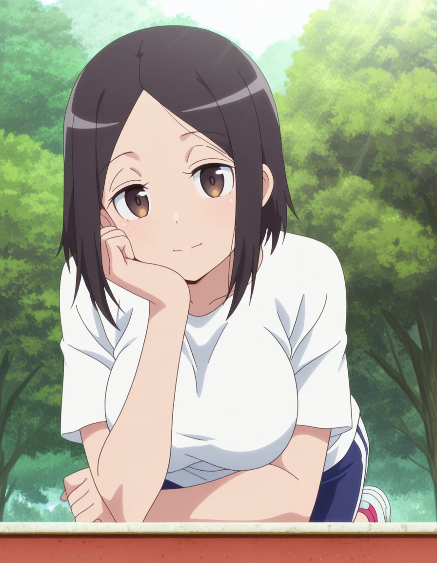 masterpiece, best quality, amazing quality,, <lora:satomi-tachibana-s1-illustriousxl-lora-nochekaiser:1>, satomi tachibana, short hair, black hair, brown eyes, mature female, breasts, anime screencap, shirt, white shirt, short sleeves, shoes, shorts, bike shorts, t-shirt, sneakers, gym uniform,, head rest, Natural settings, trees, rivers, sunlight, wildlife, cowboy shot, solo, looking at viewer,