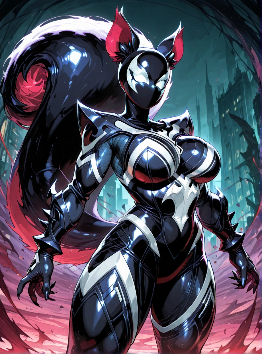 Spidersona, Spider-Man, a woman venom with a huge ass, huge hips and breasts, a cultist wears orange and black cargo pants and boots with fire patterns, a hooded with a mask on her face.  wearing a jacket with a smoke pattern on it, in black pants, hands in bandages, (((MMA fighter)), burn on left eye,+with an army of cultist soldiers + rides a tank in a sity,+fog+anime,BlackSM,Spider-Sona, Spider-Suit, Spider-Man Costume, Original Character