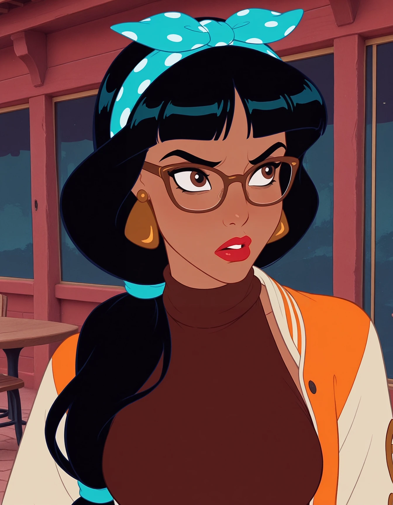 1girl, Pouting facial expression red lips, blunt bangs, horn-rimmed glasses, polka dot, letterman jacket, sweater, turtleneck, patterned clothing, (halter dress) outdoors, curled low ponytail, upper body, restaurant, hairband, hairbow, parted lips, medium breasts <lora:Rockabilly-ILXL-000005:1> <lora:Char_disney-Jasmine2-ILXL:0.8> jasmine (aladdin), black hair, very long hair, tied hair, brown eyes, lipstick, hairband, earrings, jewelry masterpiece, best quality, very aesthetic, newest
