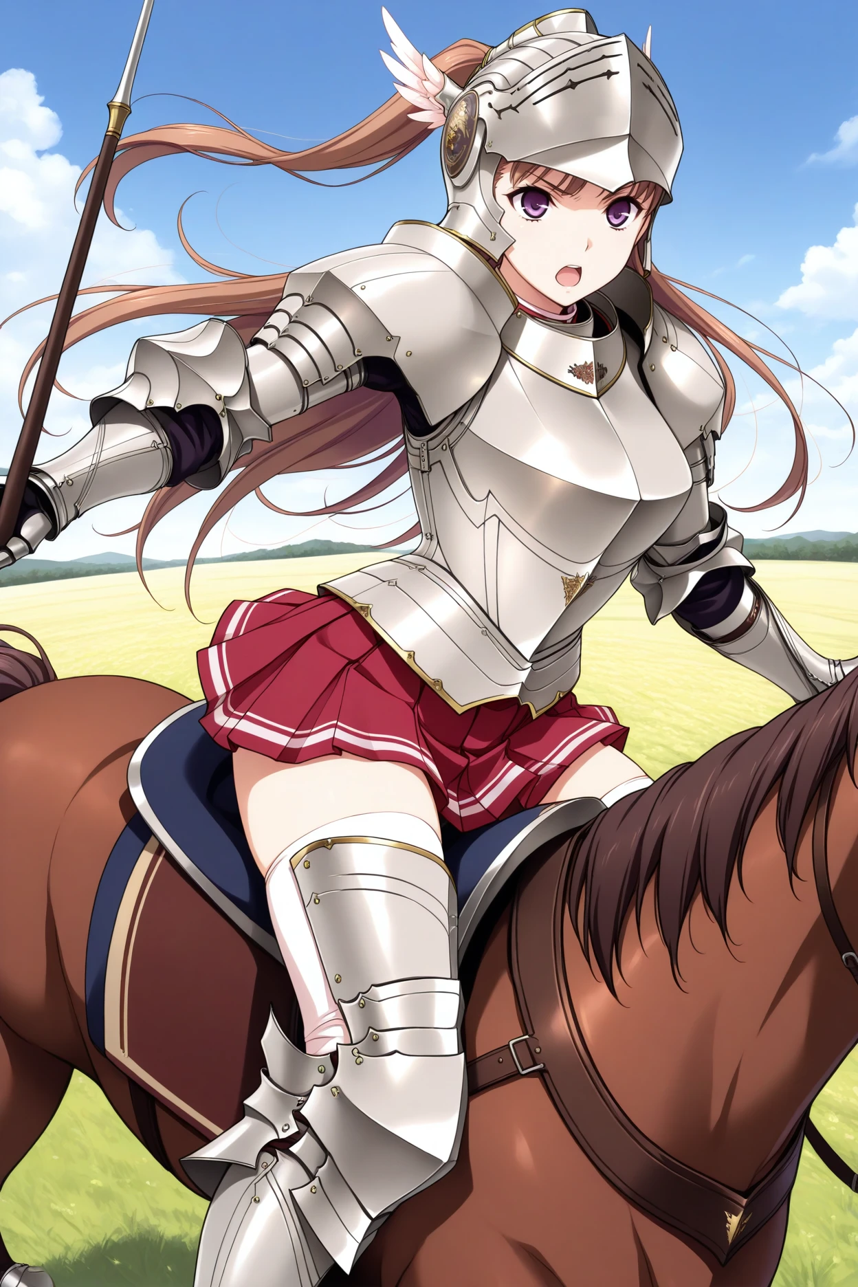 masterpiece, best quality, 1girl, solo, <lora:nmascot-illu-nvwls-v1-000007:1> nmasc, brown hair, very long hair, purple eyes, helmet, armor, gauntlets, red skirt, pleated skirt, white thighhighs, greaves, armored boots, horseback riding, holding lance, open mouth, serious, blue sky, field