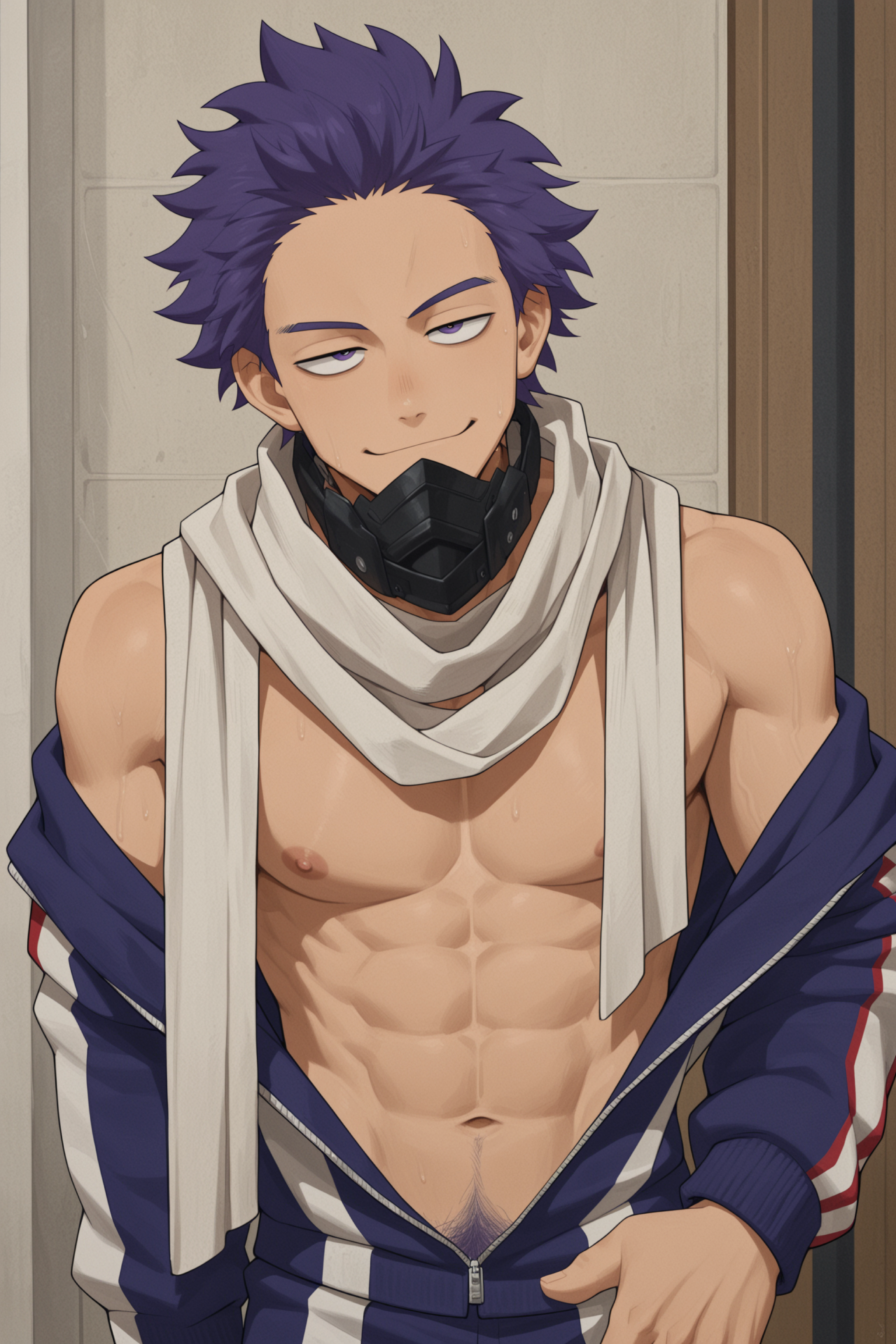 sh1ns0, 1boy, male focus, solo, purple hair, purple eyes, tracksuit, white scarf, long scarf, mask around neck, skinny, smug, open clothes, abs, nipples, body hair, dense pubes, happy trail
BREAK
anime coloring, masterpiece, best quality, amazing quality, very aesthetic, absurdres, newest, detailed background