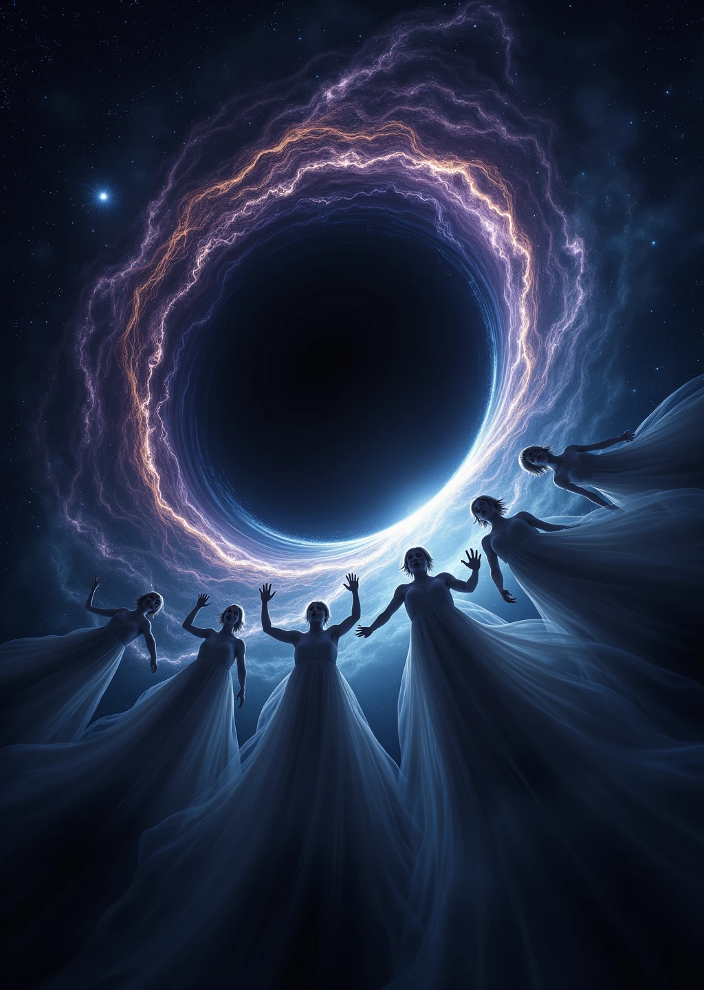 Wide cinematic shot of a massive black hole suspended in deep space, its event horizon swirling with violent gravitational distortion glowing faintly with rings of dark violet, deep blue, and warped starlight. From the edge of the swirling void, ghostly figures emerge, stretched and distorted by the gravitational pull translucent, human-like forms with flowing, tattered shapes. They appear to reach outward in silent agony, as if trying to escape the inevitable pull. Their faces are blurred and expressionless, like fading memories. Faint whispers of light trail behind them like mist, dissolving into space. Shot on a digital cinema camera in a surreal cosmic rendering, ultra-high contrast, high dynamic range, dramatic shadows and glowing highlights. The mood is haunting, surreal, and cosmic the battle between memory and oblivion.