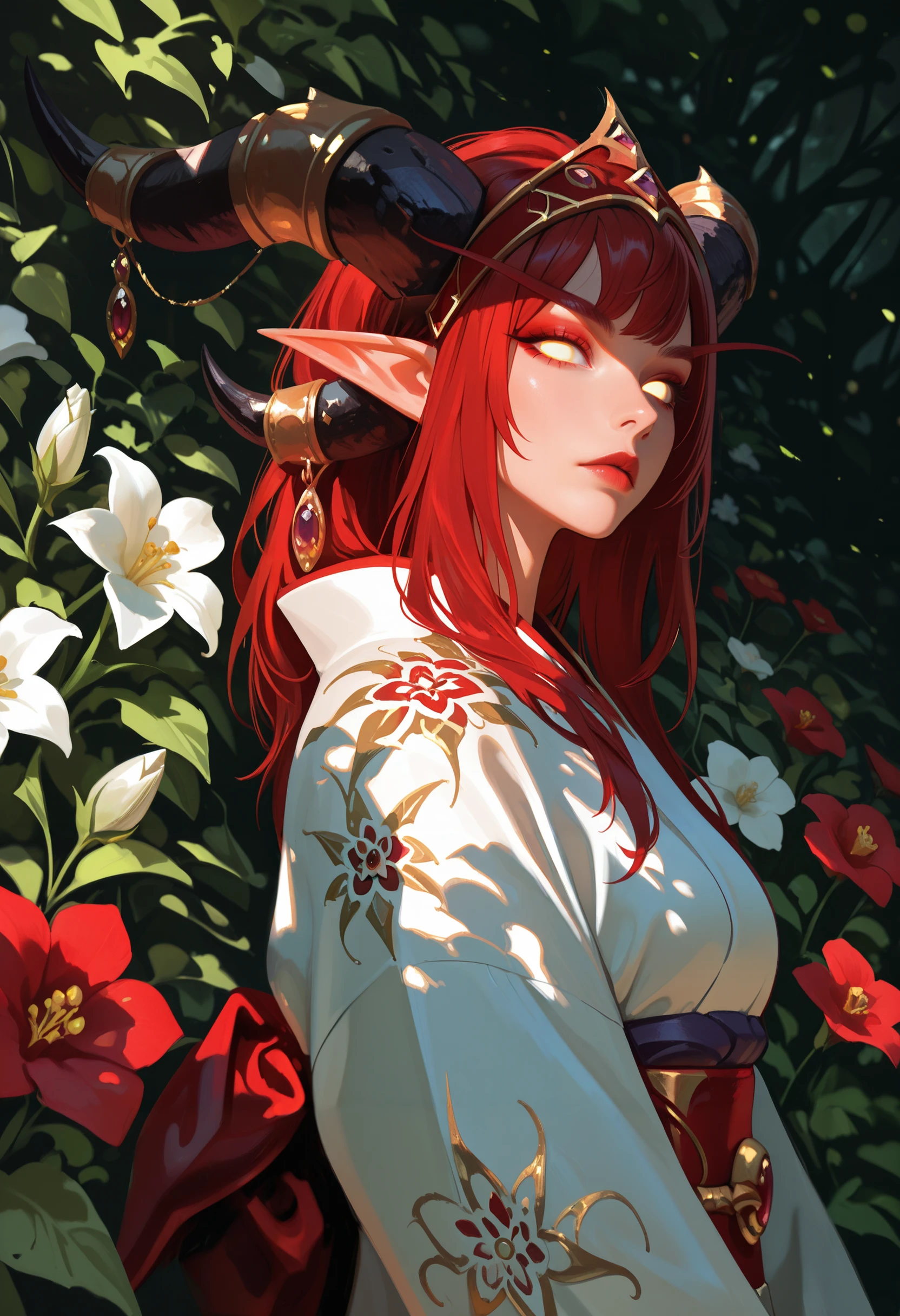 very awa, masterpiece, best quality, absurdres, newest, perfect quality, detailed background, intricate details
<lora:ILWoWAlekstrasza:1>
WoWAlekstrasza, 1girl, horns, long pointy ears, horn ornament, red hair, long hair, yellow eyes, no pupils, looking at viewer, portrait