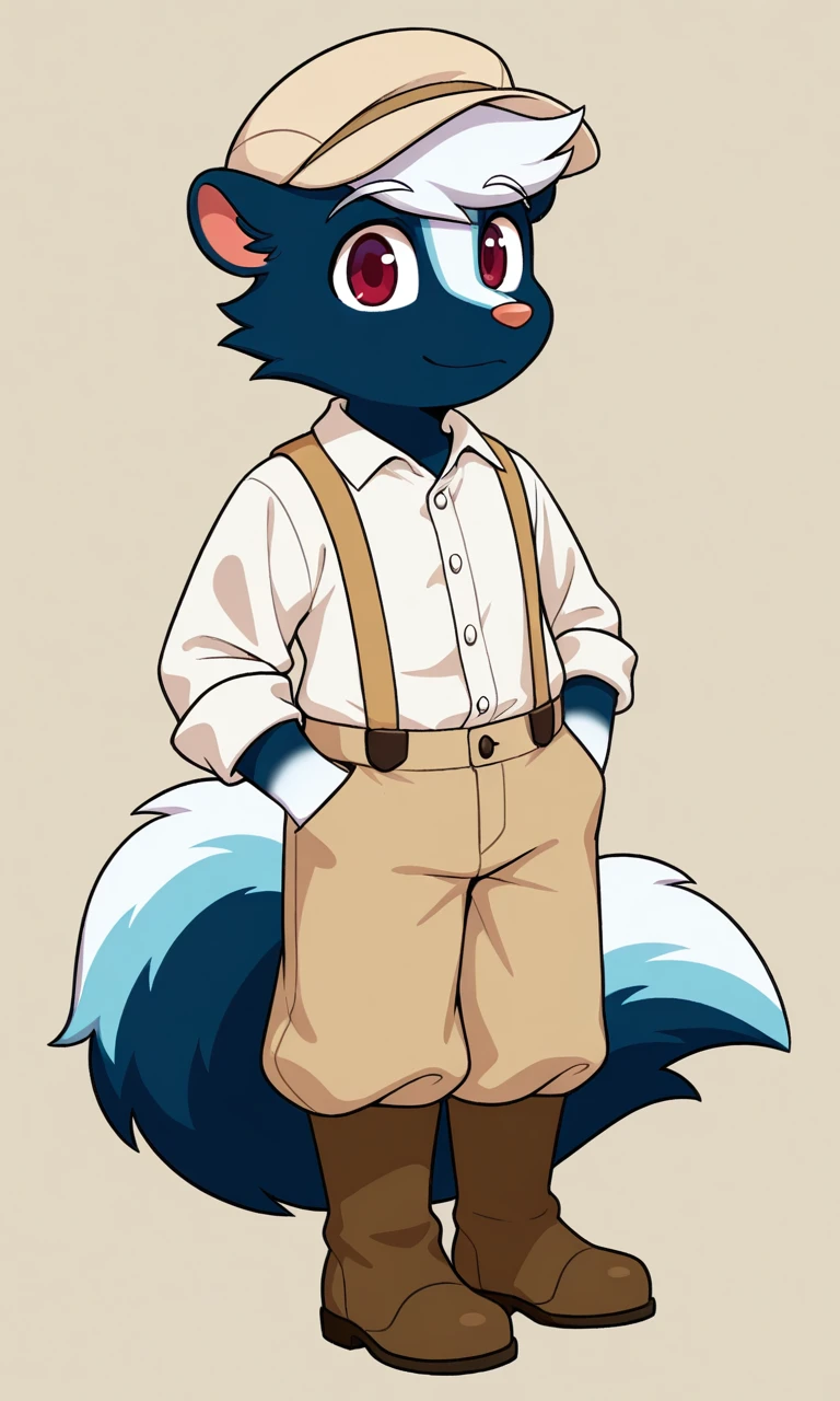 solo, male, furry, skunk, big tail, beige hat, red eyes, blue fur, two-tone fur, white collared shirt, beige suspenders, beige slacks, Brown boots, white hands, white head tuft