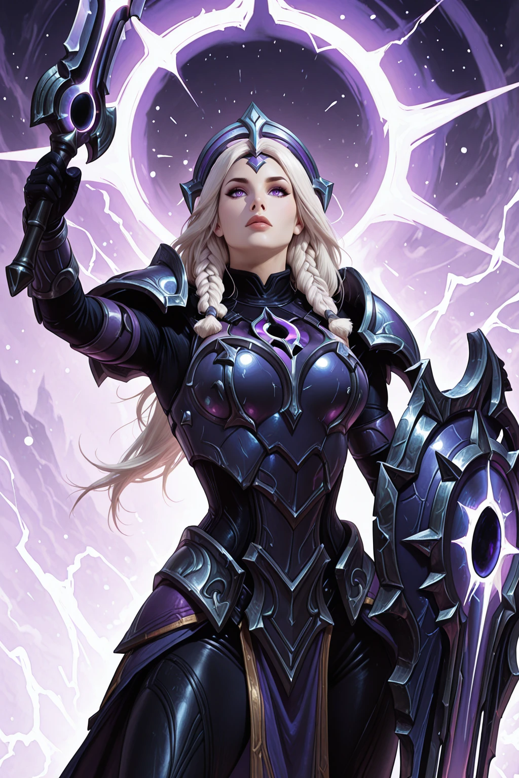 masterpiece, good quality, best quality, very awa, very as2, absurdres, highres
<lora:Leona LunarilluLoRA:1>Lunleo, pale skin, long hair, white hair, twin braids, forehead protector, headgear, Purple eyes, gorget, grey pauldrons, black Shirt, breastplate, (purple tinted armor:0.5), Purple armlet, gautlets, black gloves, faulds, pelvis curtain, waist cape, black pants, armored legwear, cowboy shot,
<lora:80FantasyStyleilluLYCO:1> fantastyle, holding purple sword, holding shield