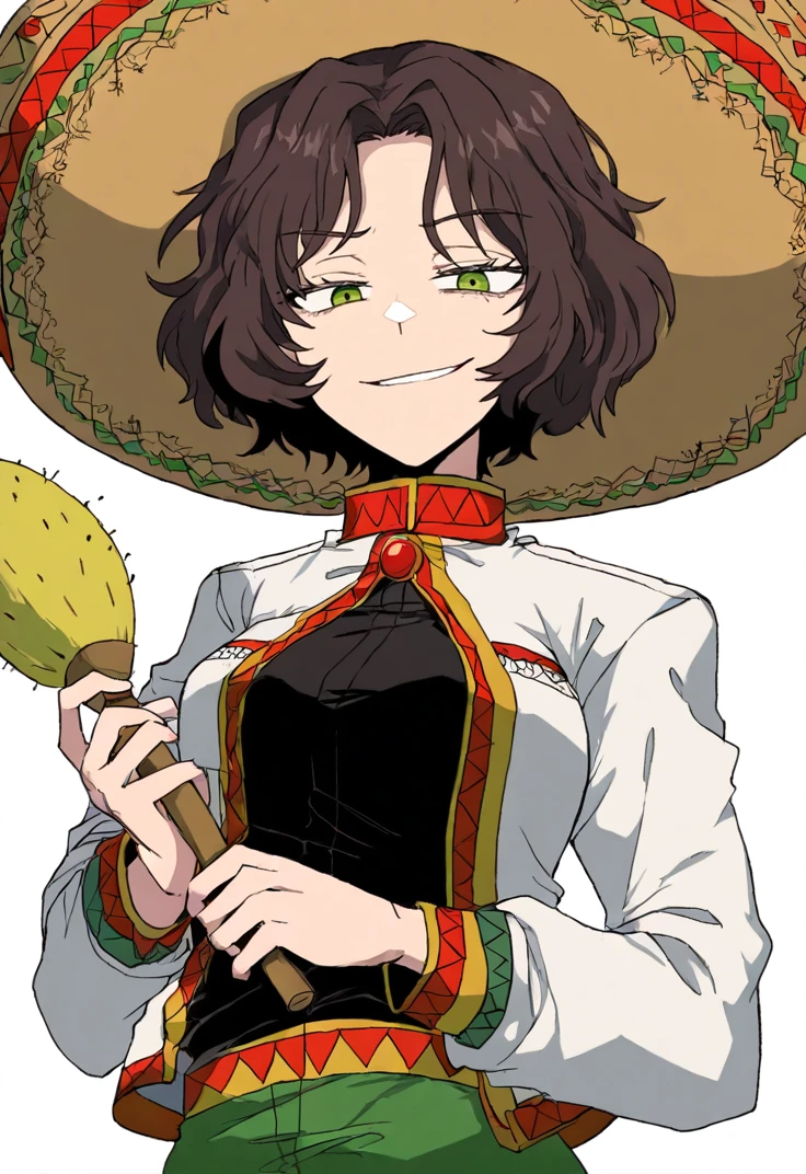 masterpiece, perfect face, beautiful face, perfect hands, beautiful hands, <lora:Aida_Limbus_Illustrious:1>, 1girl,solo, AidaLimbus, short hair, brown hair, green eyes, sambrero, black shirt, white jacket, open jacket, green pants, upper body, portrait, simple white background, looking at viewer, smirk, holding maracas