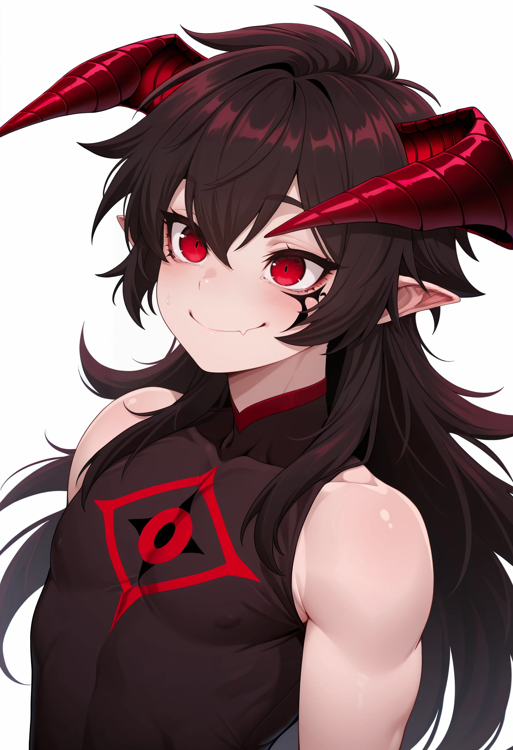 masterpiece, best quality, amazing quality, very aesthetic, high resolution, ultra-detailed, absurdres, demonKingIn, 1boy, bare shoulders, closed mouth, demon horns, facial tattoo, long hair, male focus, pointy ears, simple background, sleeveless, slit pupils, smile, solo, tattoo, upper body, white background <lora:DemonKingIn-10:0.96>,