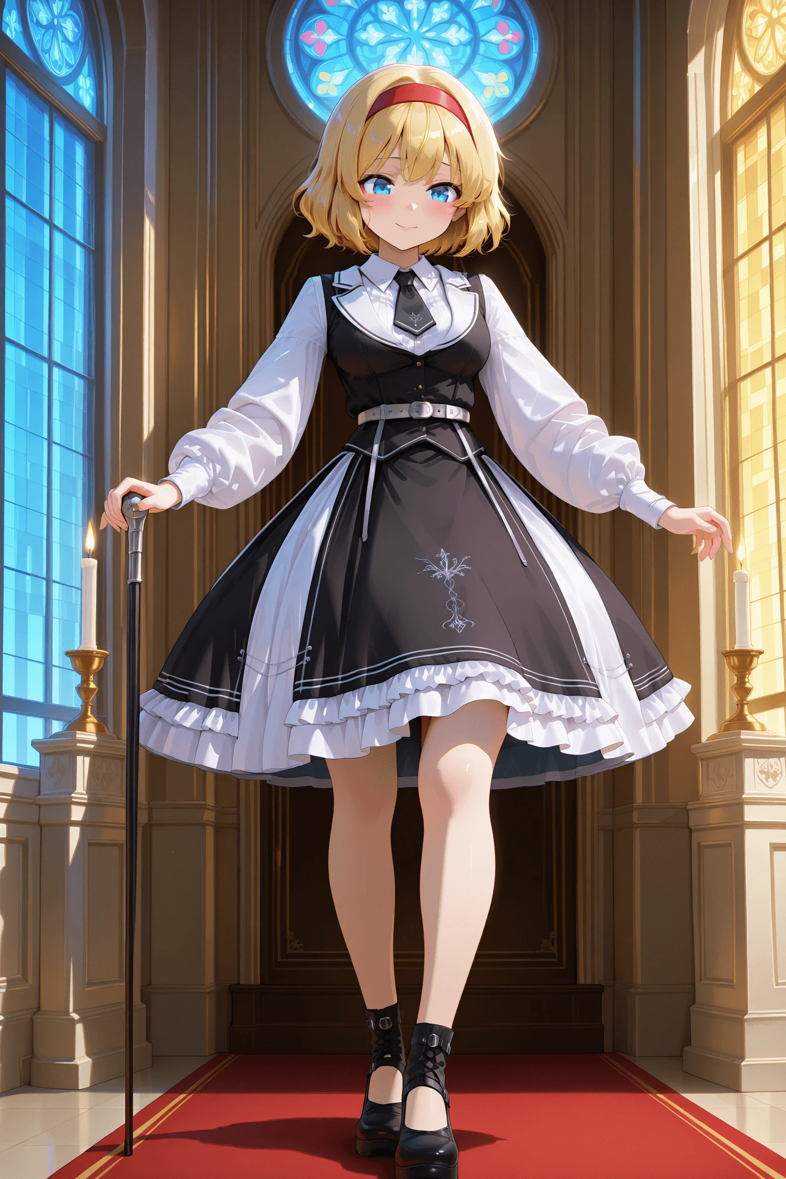 1girl,shy smile,standing in candlelit cathedral, stained glass, lace shadows, both hands holding cane in front, elegant posture, soft smile, shy expression, looking slightly down, solo, full body
<lora:darkknightV1Dim32alpha8_illustrious:0.9>,darkknight_dress,white skirt,black dress, frilled dress,long sleeves,white shirt,,white_sleeves,silver buckle ,black ascot ,, chain, silver embroidery, white collar,
<lora:Alice-Margatroid_Illustrious:0.75>,alice margatroid, 1girl, solo, blonde hair, blue eyes, short hair, ,, masterpiece, best quality, amazing quality, newest,detailed face, beautiful eye