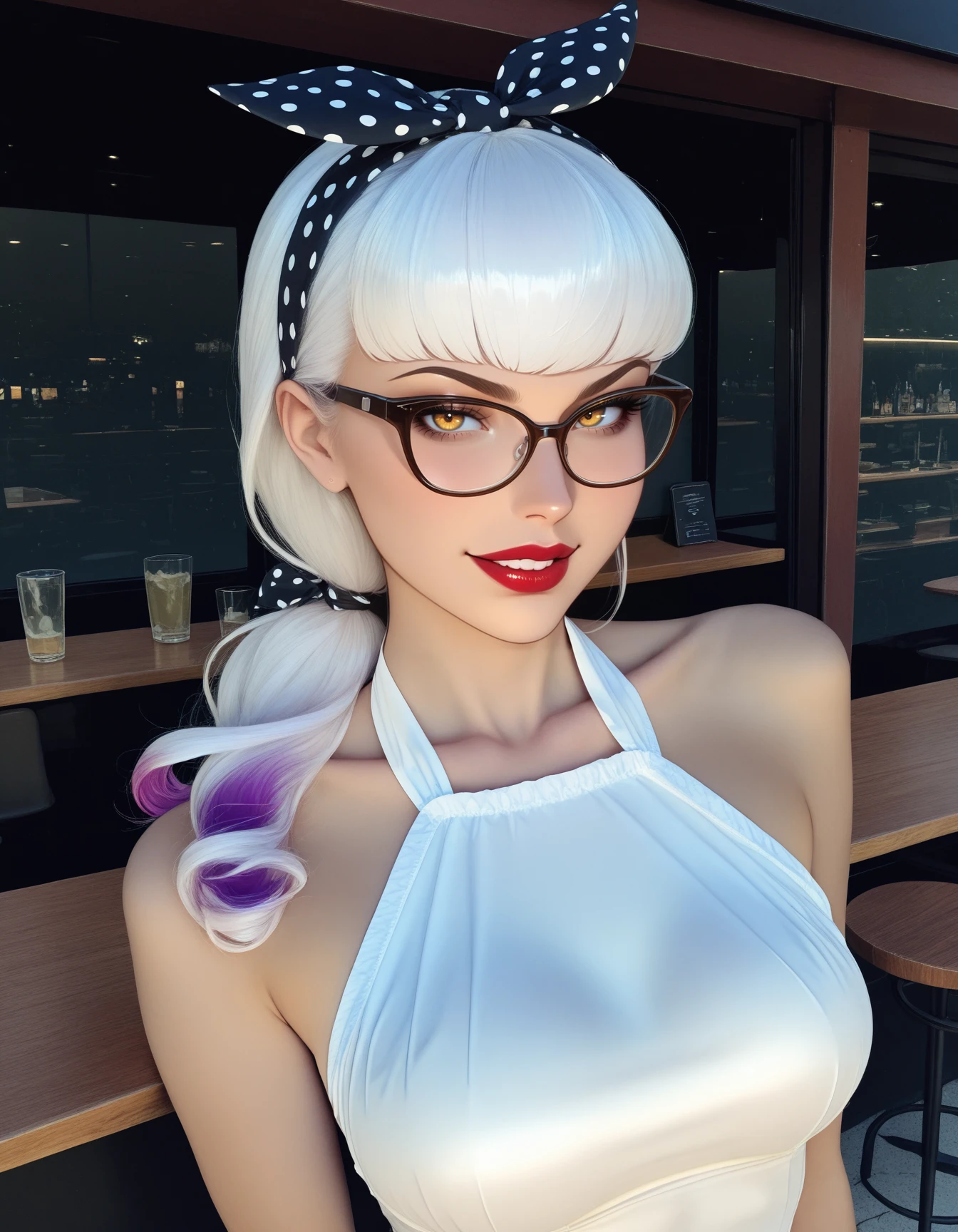 1girl, Evelynn \(League of Legends\), smug, red lips, blunt bangs, horn-rimmed glasses, white sundress, polka dot, satin, thick halter, patterned clothing, (halter dress) outdoors, curled low ponytail, upper body, collarbone, restaurant, hairband, hairbow, miniskirt, flowing skirt, parted lips, medium breasts <lora:Rockabilly-ILXL-000005:1> masterpiece, best quality, very aesthetic, newest