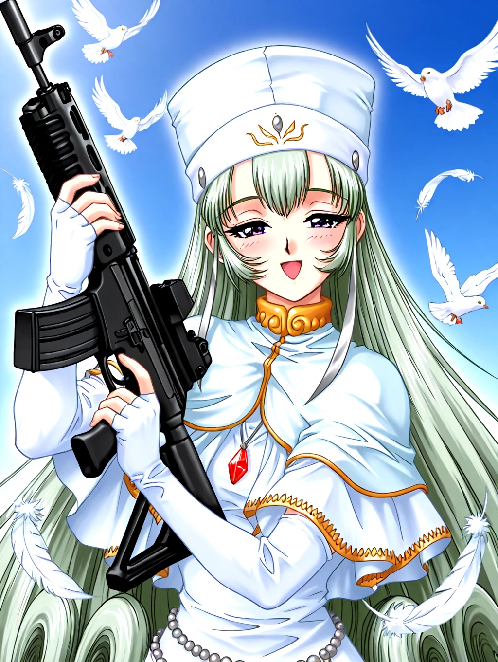 <lora:IL-D2SOPHIA:1>,d2sophia,1girl,solo,green hair,long hair,very long hair,white fingerless elbow gloves,iron flakes pendant on both sides of the hat,jewelry,dress,long sleeves,purple eyes,white dress,capelet,necklace,red gem,
open mouth,smile,blush,peaceful,half-closed eyes,
holding assault rifle,flying white doves,
1990s \(style\),portrait,