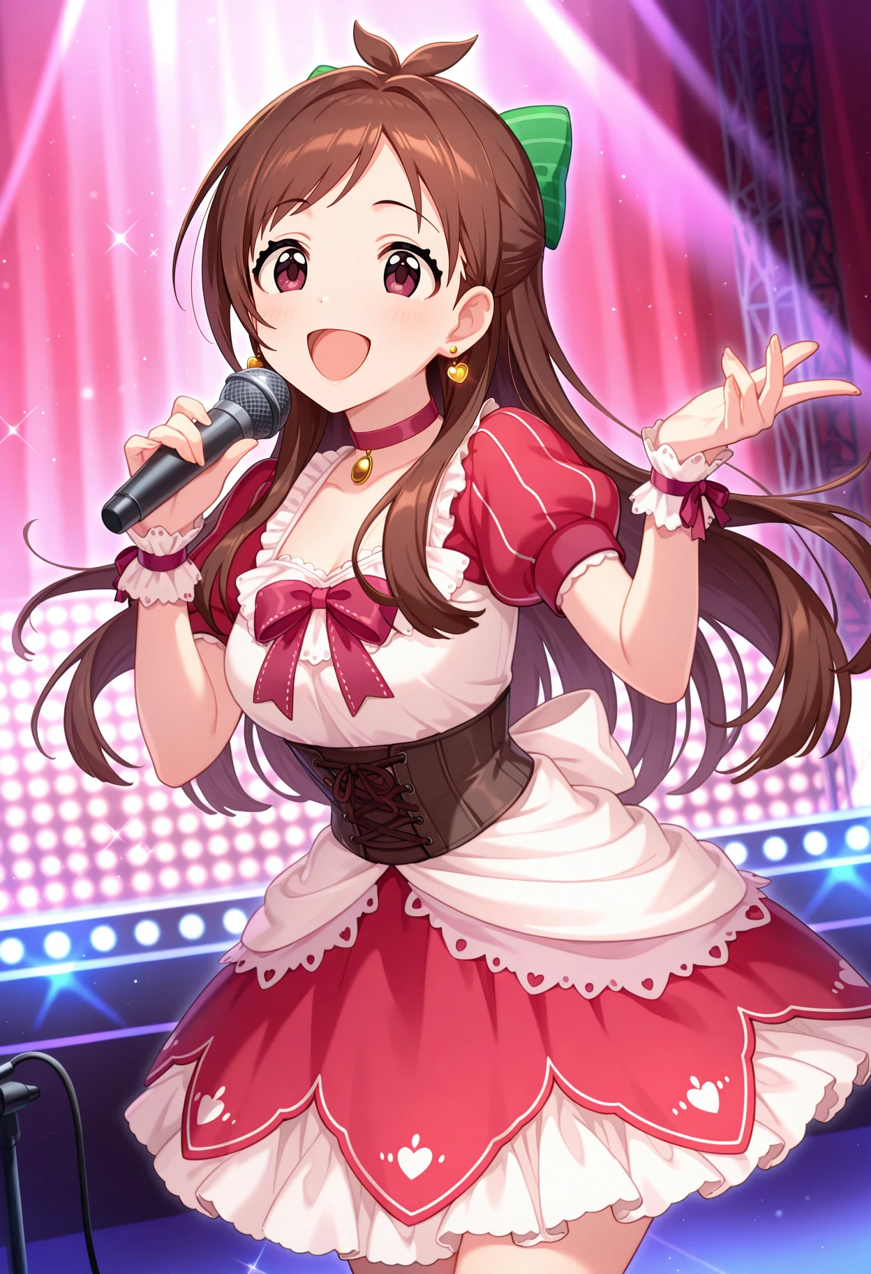 best quality, masterpiece, 1girl, aaakari, long hair, brown hair, antenna hair, hair bow, green bow, earrings, red choker, red bowtie, two-tone dress, red dress, white dress, puffy short sleeves, wrist cuffs, brown corset, <lora:tsujino_akari_ilxl_v1:0.9>, standing, cowboy shot, stage, singing, smile, open mouth, holding microphone,