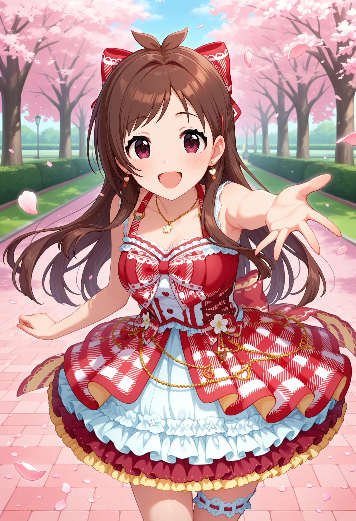 best quality, masterpiece, 1girl, aaakari, long hair, brown hair, antenna hair, hair bow, earrings, necklace, plaid bow, plaid dress, red dress, sleeveless, layered skirt, white skirt, bridal garter, <lora:tsujino_akari_ilxl_v1:0.9>, standing, cowboy shot, park, smile, open mouth, reaching, petals,