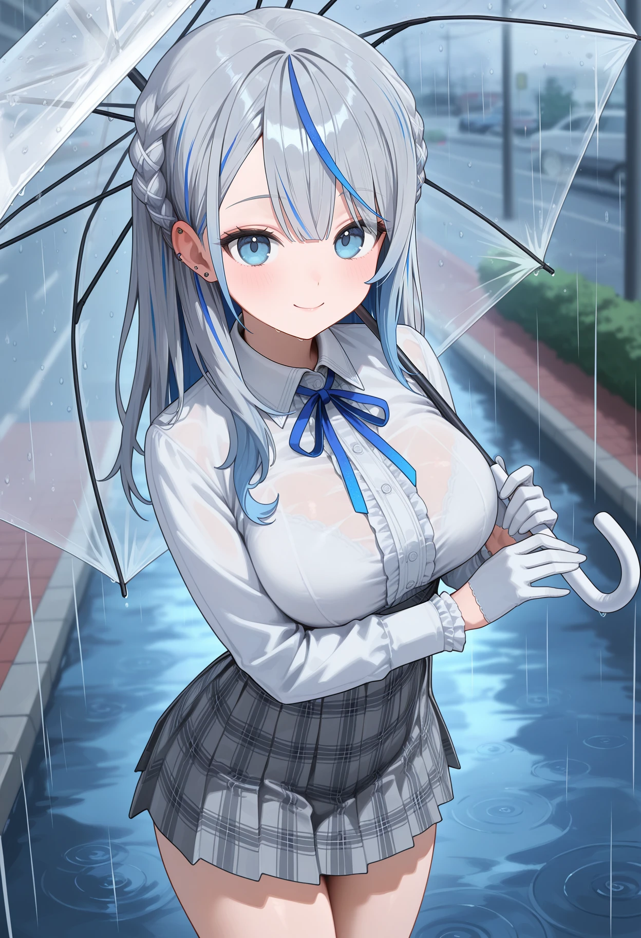 best quality, masterpiece, 1girl, aaruka, long hair, streaked hair, grey hair, braid, ear piercing, blue eyes, school uniform, neck ribbon, center frills, collared shirt, white shirt, long sleeves, white gloves, plaid skirt, grey skirt, <lora:amagai_ruka_ilxl_v1:0.9>, standing, cowboy shot, umbrella, holding umbrella, rain, street, smile, outdoors,