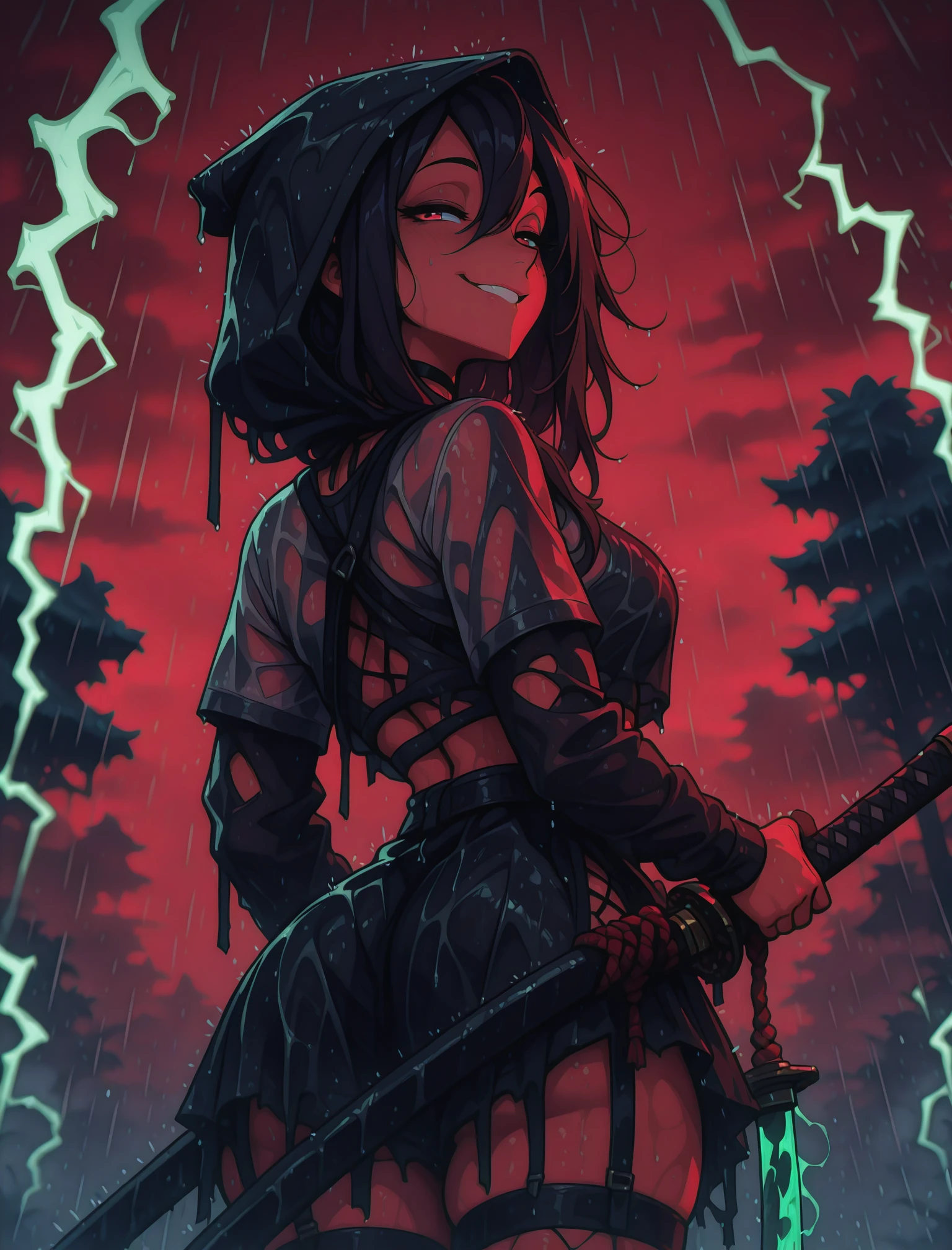 from behind, zicovergirl, hood, holding katana, seductive smile, outdoors, rain, fog, red sky, green lightning <lora:Zikickix_Cover_Girl:1>
