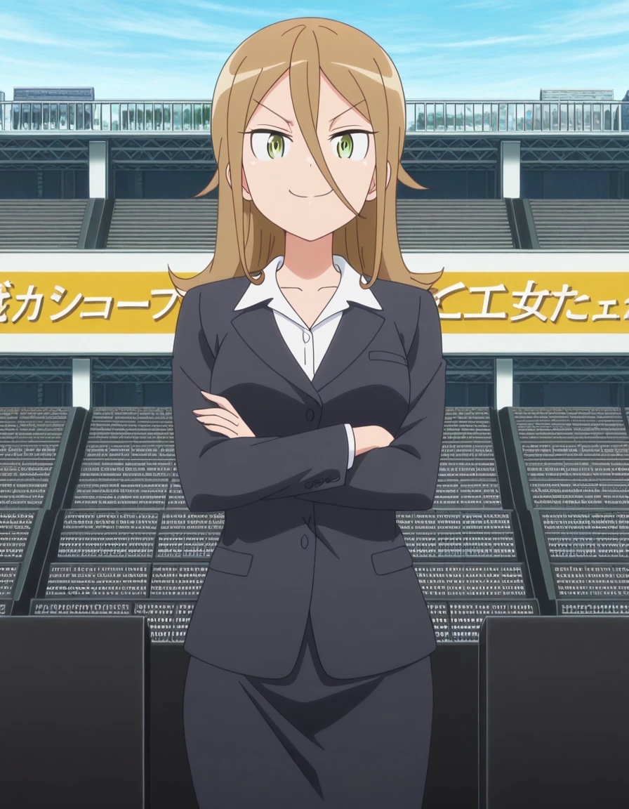 masterpiece, best quality, amazing quality,, <lora:rumika-aina-s1-illustriousxl-lora-nochekaiser:1>, rumika aina, long hair, brown hair, hair between eyes, green eyes, mature female, medium breasts, anime screencap, skirt, shirt, jacket, formal, suit, office lady, skirt suit,, crossed arms, smug, amphitheater, seats, outdoor, stage, large, cowboy shot, solo, looking at viewer,