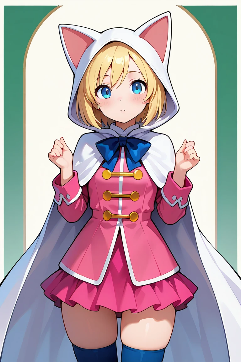 1girl, <lora:Devout_V1Dim16alpha4_illustrious:1>,devout_cos,cat hood,animal hood,white_cape,chest bow,pink jacket, pink skirt, gold buttons,thighhighs,, masterpiece, best quality, amazing quality, newest,detailed face, beautiful eye