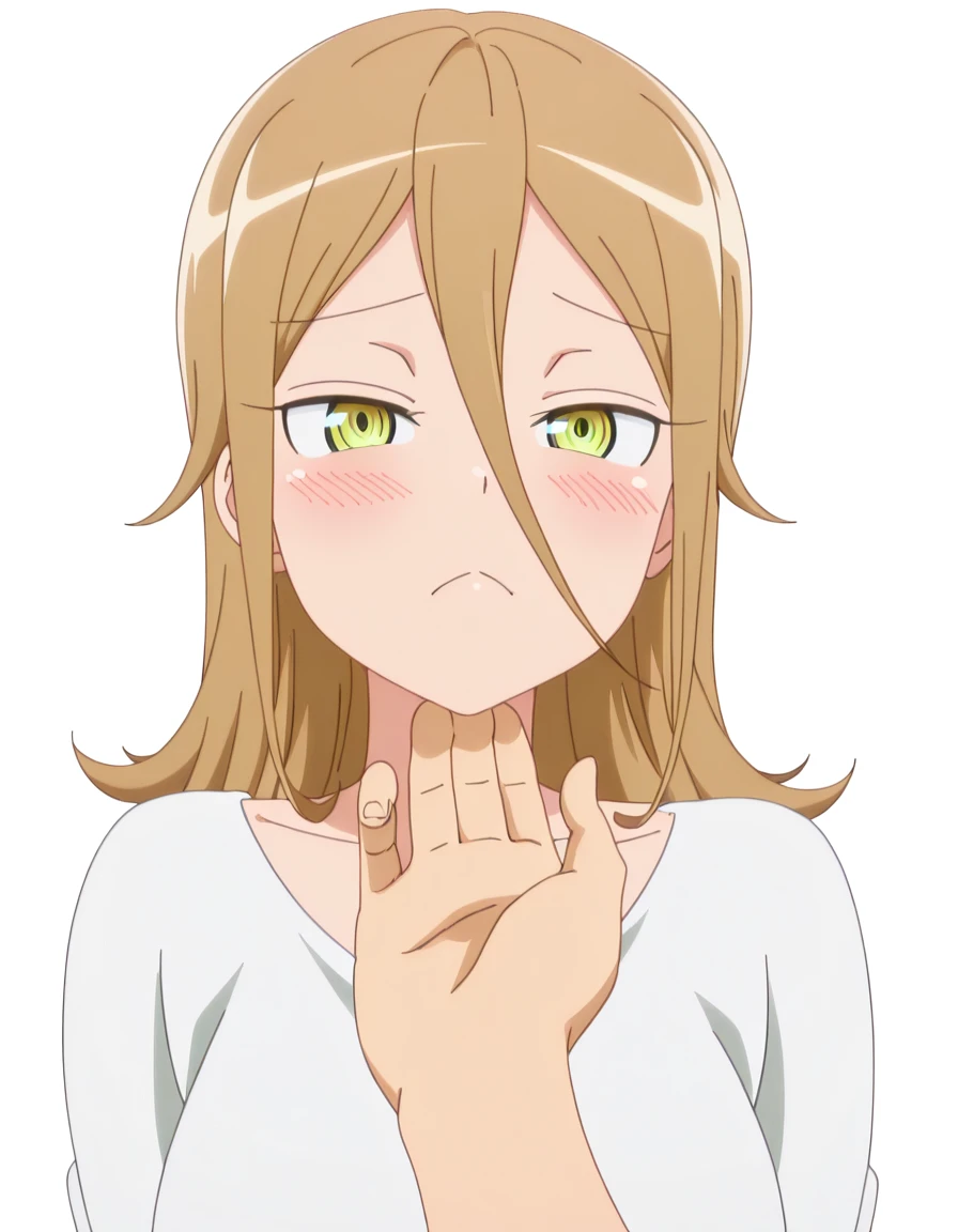 masterpiece, best quality, amazing quality,, <lora:rumika-aina-s1-illustriousxl-lora-nochekaiser:1>, rumika aina, long hair, brown hair, hair between eyes, green eyes, mature female, medium breasts, anime screencap, <lora:stroking-anothers-chin-pov-illustriousxl-lora-nochekaiser:1>, stroking another's chin pov, stronking another's chin, pov, pov hands, blush, upper body, , <lora:transparent-background-illustriousxl-lora-nochekaiser:1>, transparent background, simple background, white background