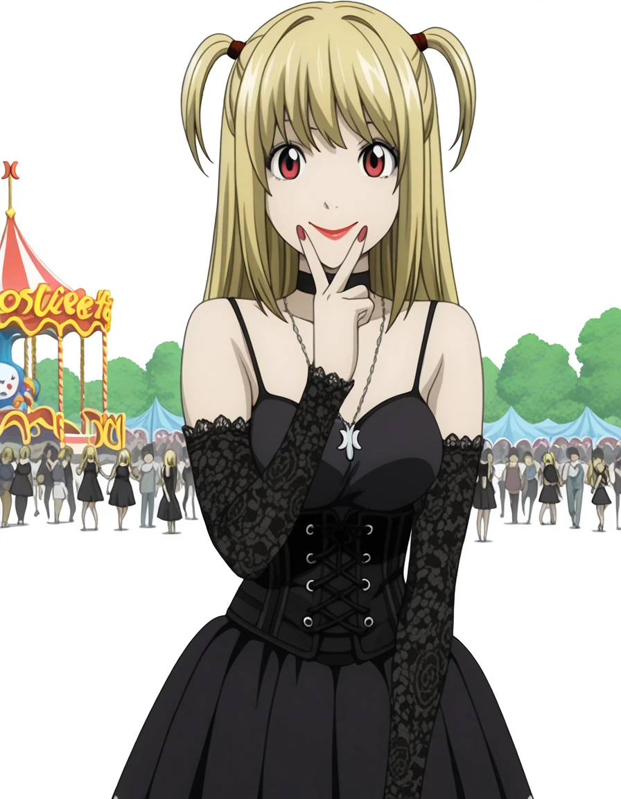 masterpiece, best quality, amazing quality,, <lora:misa-amane-anime-illustriousxl-lora-nochekaiser:1>, misa amane, long hair, blonde hair, red eyes, two side up, mature female, medium breasts, anime screencap, skirt, dress, jewelry, detached sleeves, choker, necklace, black dress, cross, goth fashion, lace, lace-trimmed sleeves, spaghetti straps, corset, pleated skirt, black skirt, makeup, lipstick, v, v over mouth, smug,, amusement park, rides, crowds, fun, colorful, cowboy shot, solo, looking at viewer, <lora:transparent-background-illustriousxl-lora-nochekaiser:1>, transparent background, simple background, white background