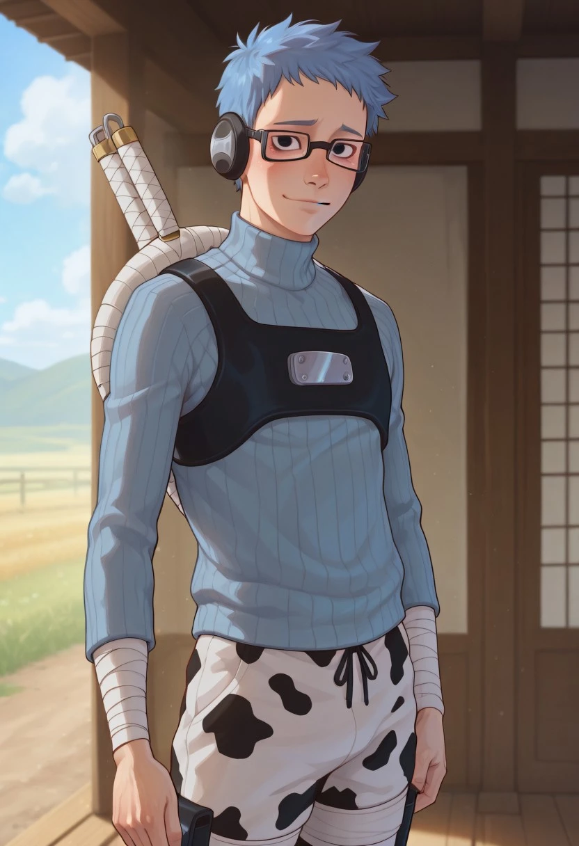 masterpiece, high quality, best quality, amazing quality, very aesthetic, absurdres, ultra-detailed, extremely detailed, realistic, volumetric lighting, (male focus, male only), day, depth of field, JackDraws, solo,
1boy, Chojuro, Blue Hair, Black Eyes, Glasses, Ear Protectors, Sharp Teeth, Turtleneck Sweater, Chest Piece, Cow Print Pants, weapon on back, Weapon Wrapped in Bandages, shy smile, masterpiece, best quality, amazing quality, very aesthetic, absurdres, newest, very awa, nude, cute boy, lean, athletic, runner build, photo-realistic detail, atmosphere focused, expressive lighting
