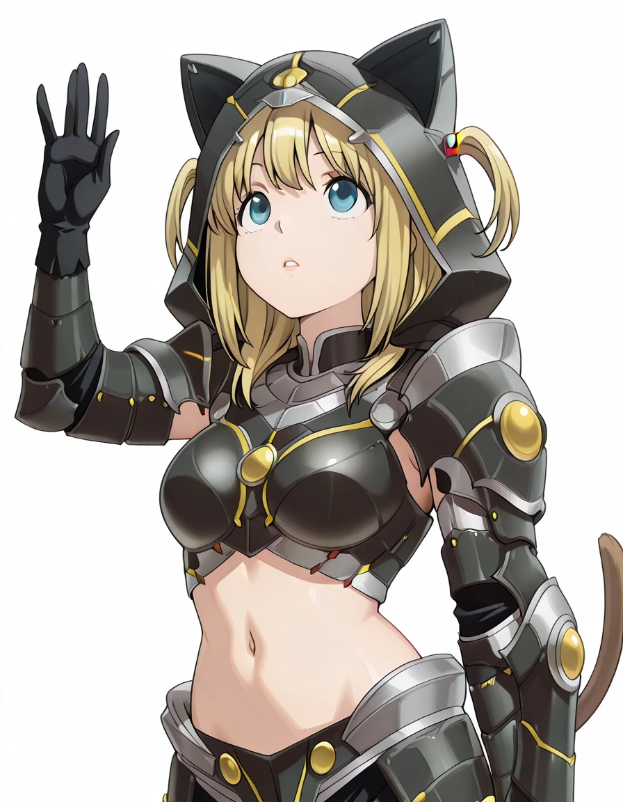 masterpiece, best quality, amazing quality,, <lora:misa-amane-anime-illustriousxl-lora-nochekaiser:1>, misa amane, long hair, blonde hair, blue eyes, two side up, mature female, medium breasts, anime screencap, <lora:almudron-armor-illustriousxl-lora-nochekaiser:1>, almudron armor, almudron (armor), animal ear hood, black gloves, black hood, brown tail, crop top, gloves, hood, hood up, midriff, navel, tail,, <lora:panatang-makabayan-illustriousxl-lora-nochekaiser:1>, panatang makabayan, looking up, expressionless, cowboy shot, parted lips, hand up, waving, solo, outdoors, blue sky, clouds, , <lora:transparent-background-illustriousxl-lora-nochekaiser:1>, transparent background, simple background, white background