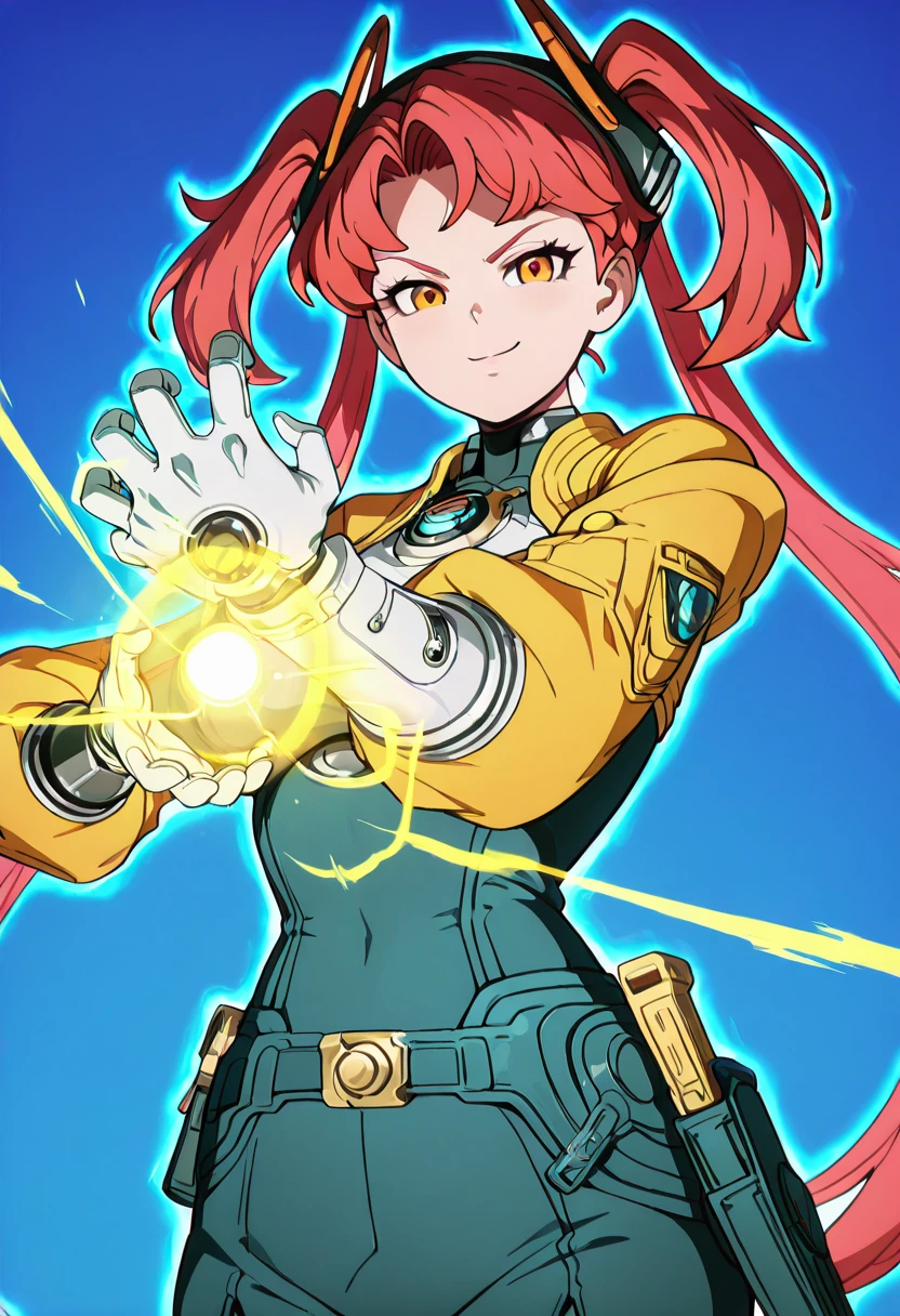 masterpiece, best quality, solo, curvy, beautiful eyes, narrow waist, wide hips, 1girl, solo, smile, looking at viewer, foreshortening, close up, zzEos, orange eyes, hair ornament, long hair, twintails, red hair, single mechanical arm, long sleeves, gloves, shorts, white gloves, headgear, ,<lora:EosFateTrigger_IXL:1.0>, ,vivid aura, looking at viewer, blue background, smug, aura, super saiyan, charging energy, energy ball, energy, lightning, <lora:DBSBroly_Style_IXL_v2:0.6>,