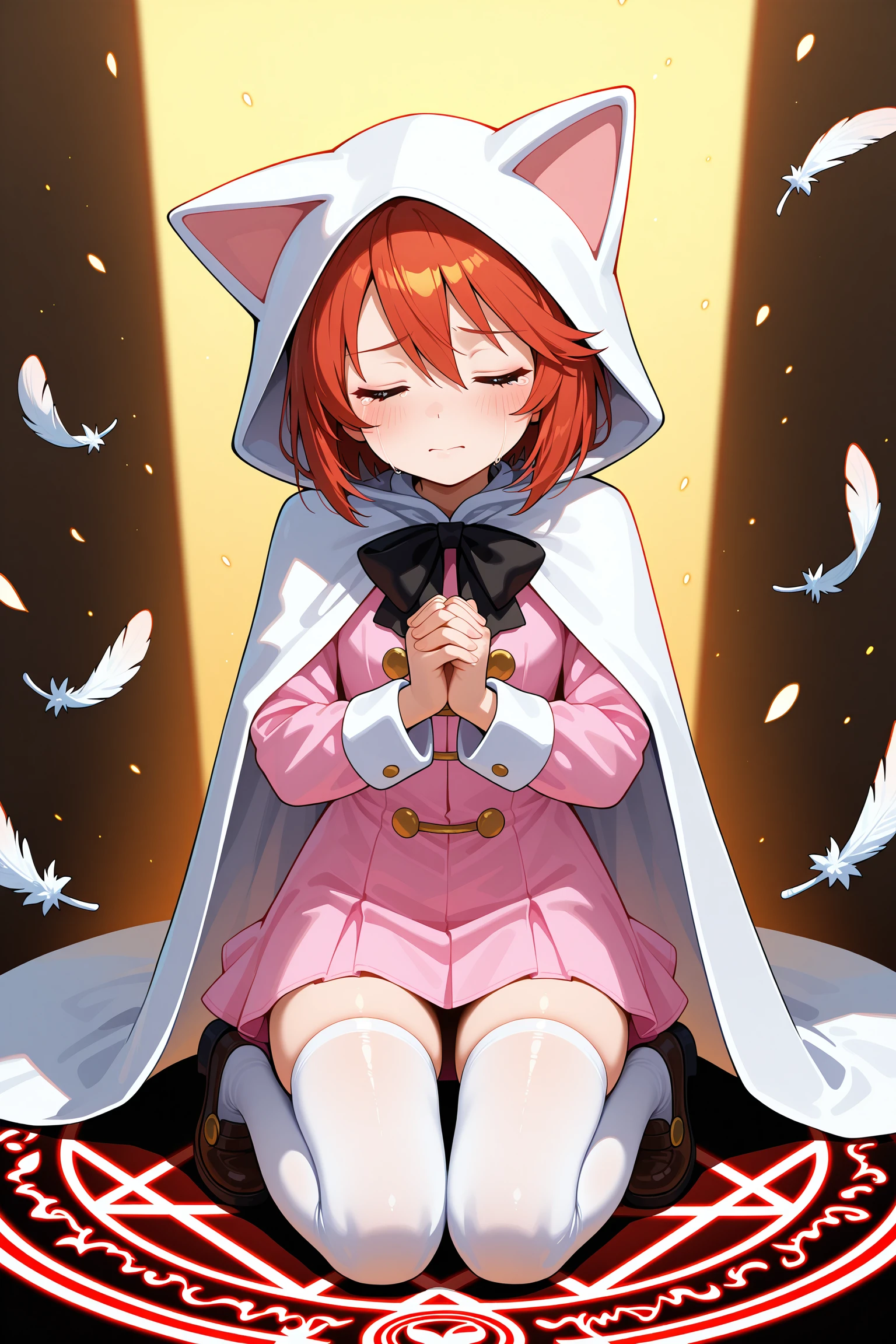 1girl,kneeling, praying, closed eyes, hands clasped, holy light shining down, magic circle underfoot, white feathers floating, divine aura, soft glow, solemn atmosphere,
peaceful expression, determined prayer, calm face, tears in eyes,cape draped over shoulders, gentle lighting
,<lora:Devout_V1Dim16alpha4_illustrious:0.9>,devout_cos,cat hood,animal hood,white_cape,chest bow,pink dress,gold buttons,thighhighs,, masterpiece, best quality, amazing quality, newest,detailed face, beautiful eye