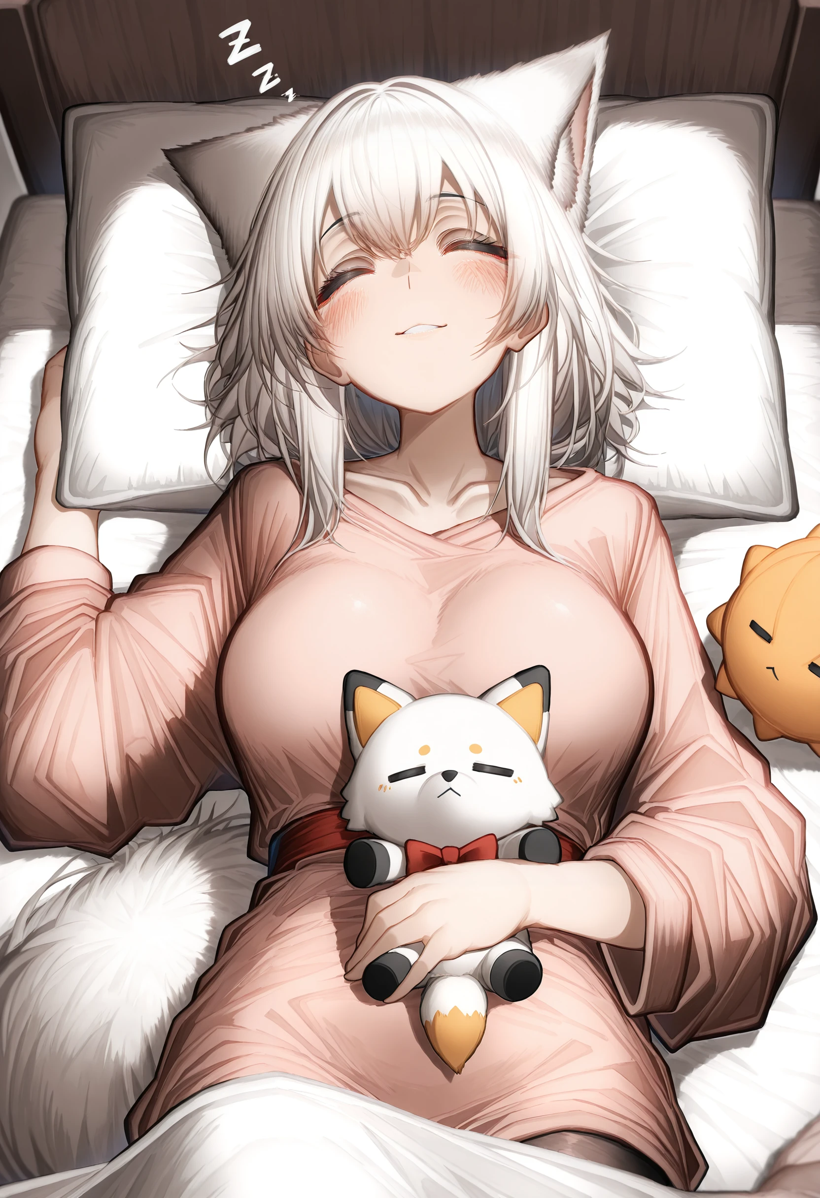 masterpiece,best quality,amazing quality, tab head, lying, sleeping, on bed, from above, white hair, fox girl,closed eyes, parted lips, pillows, plushie, mature female, on back, smile, zzz,
<lora:Tab head style (Illustrious) v1:1>