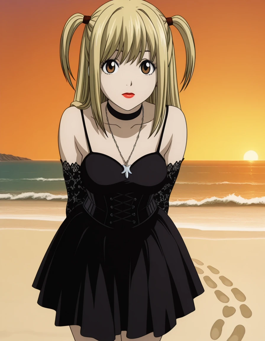 masterpiece, best quality, amazing quality,, <lora:misa-amane-anime-illustriousxl-lora-nochekaiser:1>, misa amane, long hair, blonde hair, brown eyes, two side up, mature female, medium breasts, anime screencap, skirt, dress, jewelry, detached sleeves, choker, necklace, black dress, cross, goth fashion, lace, lace-trimmed sleeves, spaghetti straps, corset, pleated skirt, black skirt, makeup, lipstick, hands behind back, bent over,, beach, sunset, walking along shore, footprints in sand, waves, peaceful, cowboy shot, solo, looking at viewer, <lora:transparent-background-illustriousxl-lora-nochekaiser:1>, transparent background, simple background, white background